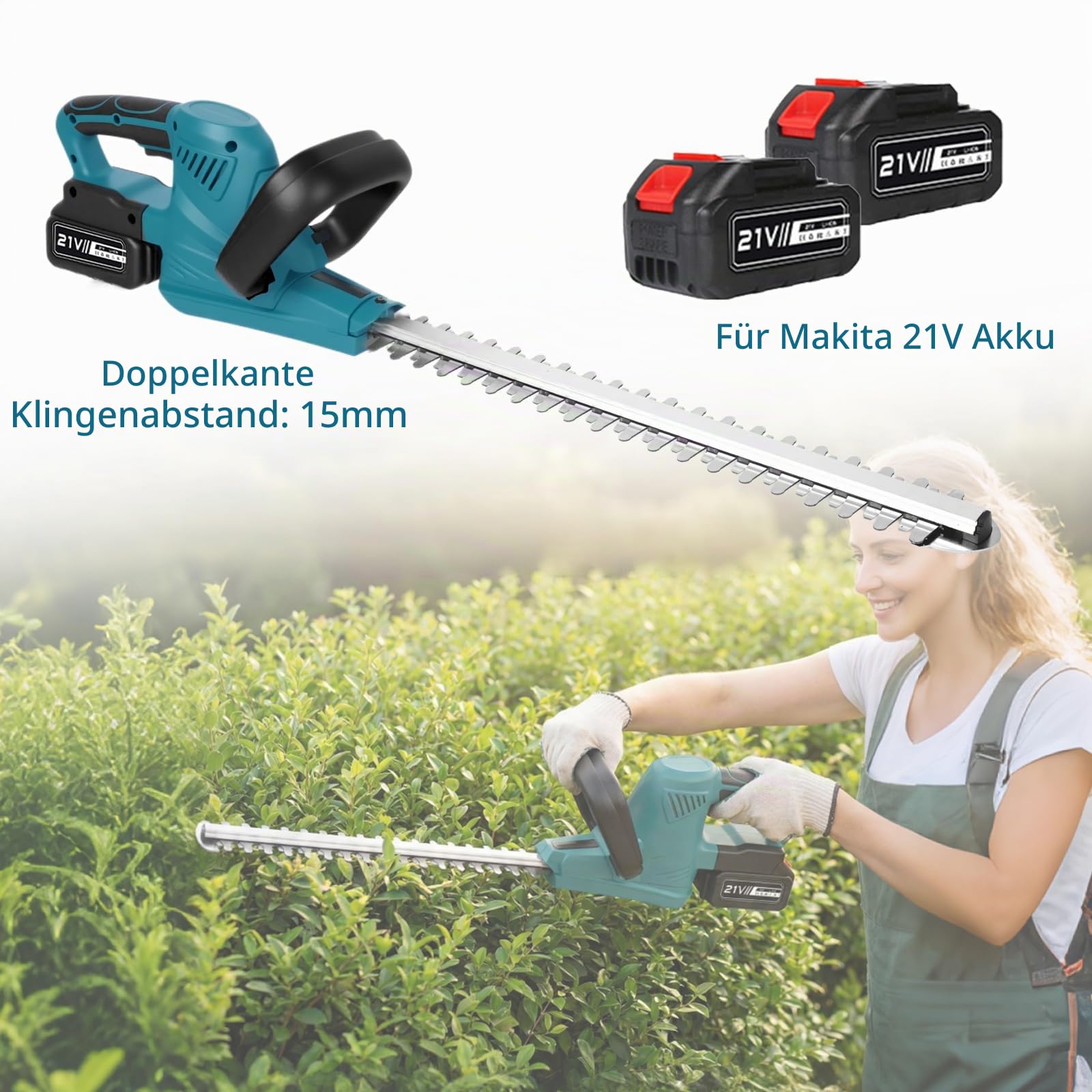 Akku Heckenschere 21V mit 2X 3,0Ah Akku, 1000W Bürstenloser Motor, 51 cm Klinge, Schnittstärke 15 mm, Kabellose Heckenschere für Hecken, Sträucher und Büsche (3,0 Ah)
