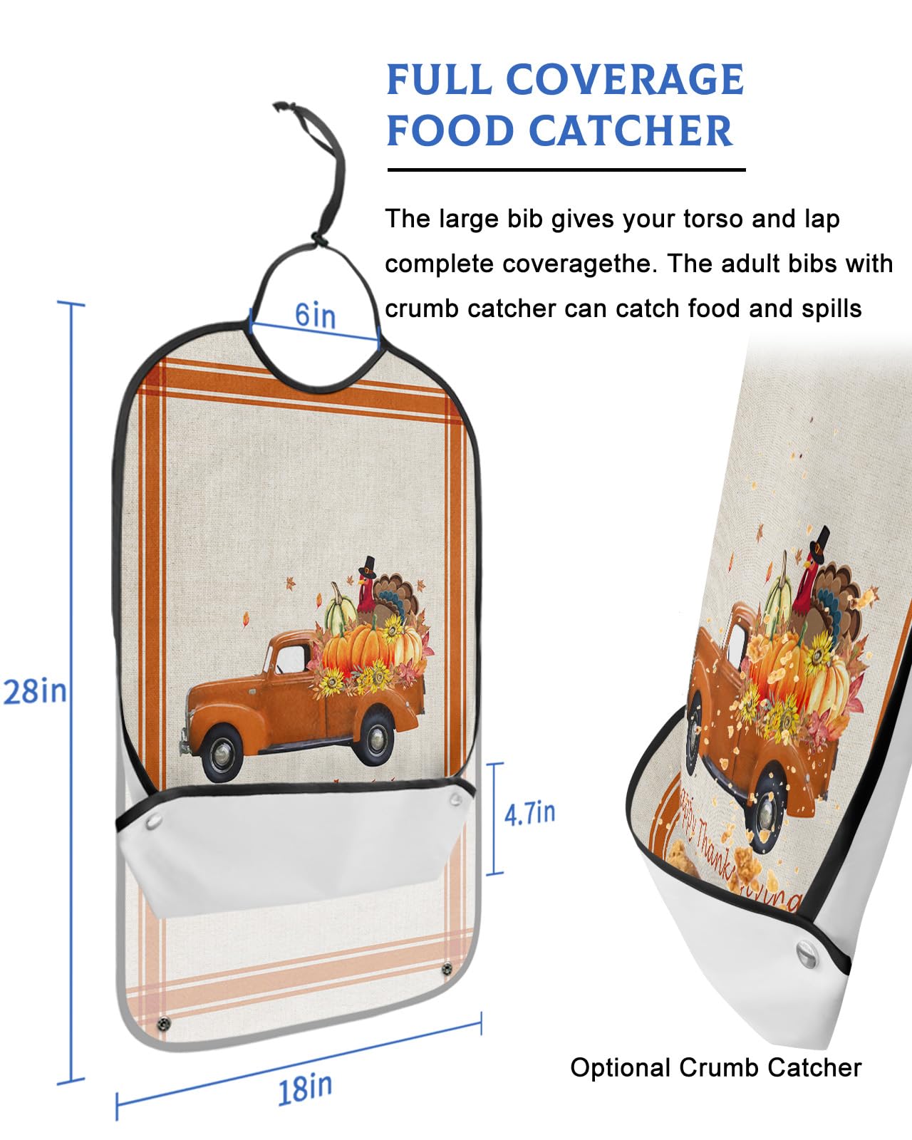 Thanksgiving Adult Bibs for Eating, Waterproof Bibs with Food Catcher & Adjustable Snap Closure, Turkey Pumpkin Truck Orange Lace Burlap Washable Clothing Protectors Adult Bibs for Elderly Women/Men