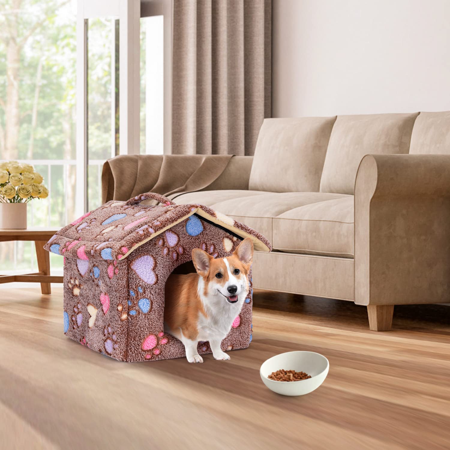 Nobleza Caseta para Perros,Casa Gatos Interior, Cama para Perro con Colchón Extraíble, Plegable Casa para Gato, Conejos, 53x50x43cm L, Marrón