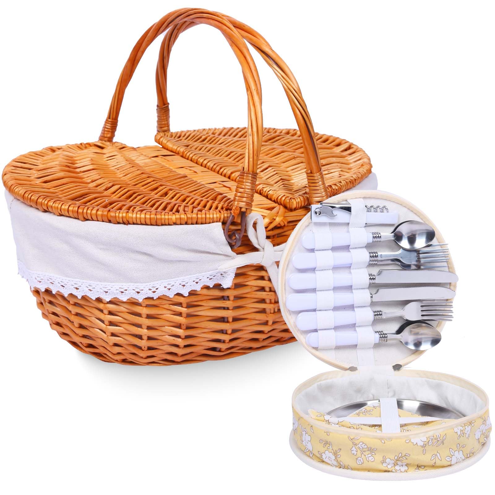 Wicker Picnic Basket with Handle, 15" Large Picnic Basket with Lid & Removable Liner, Vintage Hand Woven Basket with Cutlery Set for Picnics, Camping,