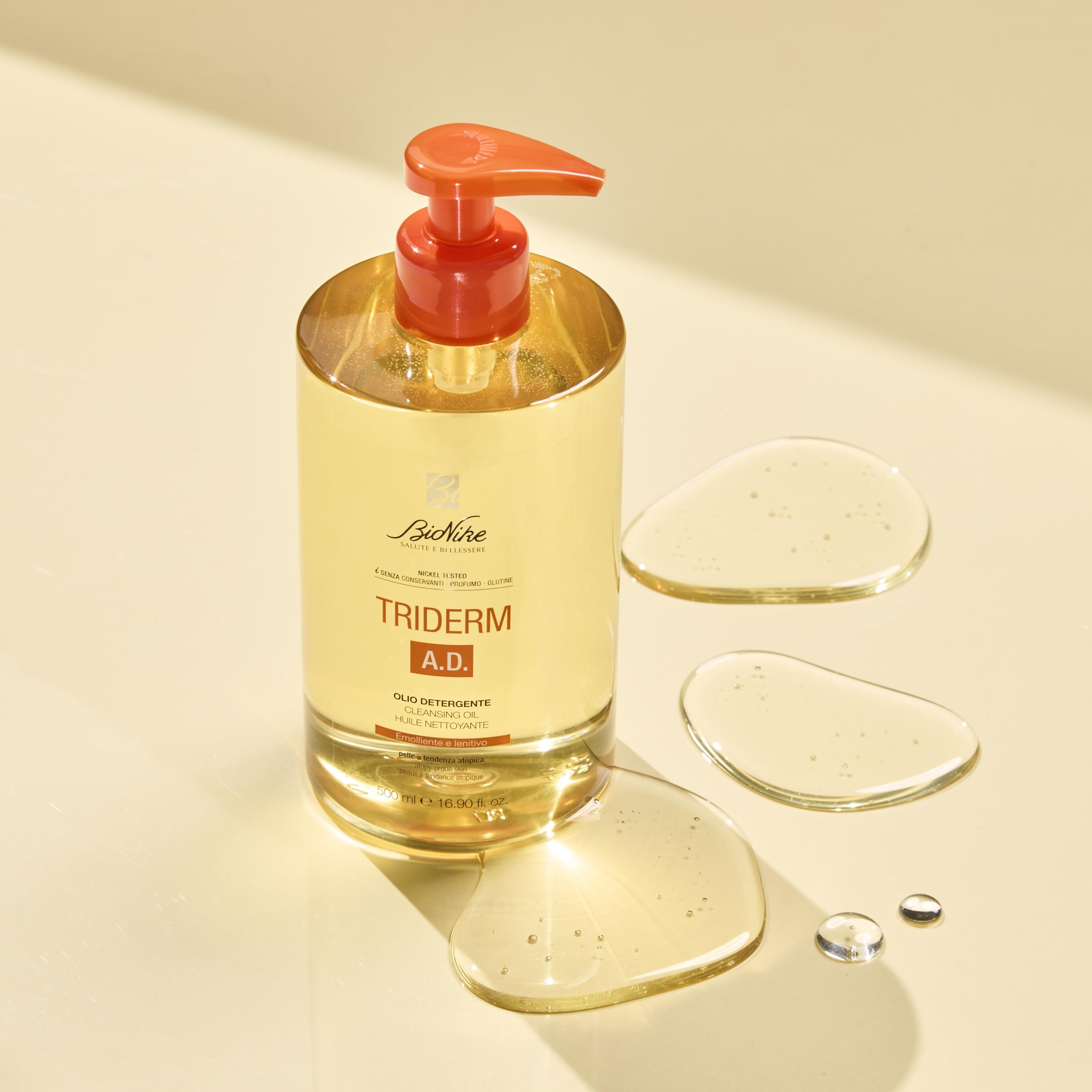 BioNike Triderm A.D. - Olio Doccia Emolliente e Lenitivo, Detergente Micellare Corpo con Pantenolo, Sorbitolo e Vitamina E, Attenua Secchezza, Prurito e Rossori, per Pelle a Tendenza Atopica, 500 ml
