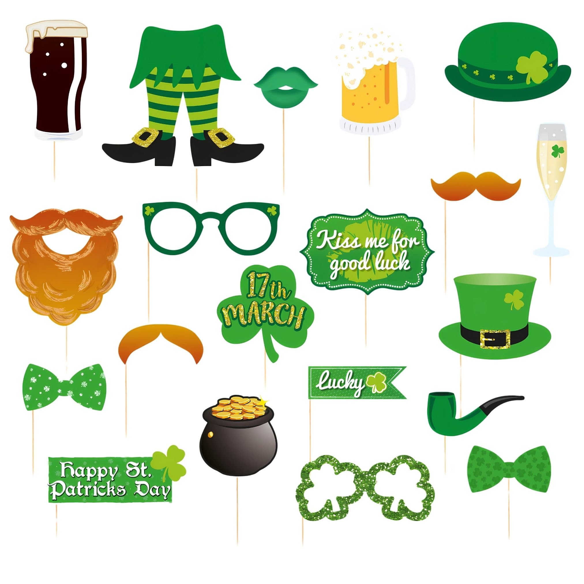 AKH® St Patrick's Day Photo Booth Props with Sticks | 20 Assorted Irish-Themed Photo Accessories | Leprechaun Hats, Shamrock Glasses, Mustaches & Speech Bubbles for St Paddy's Day Parties & Events