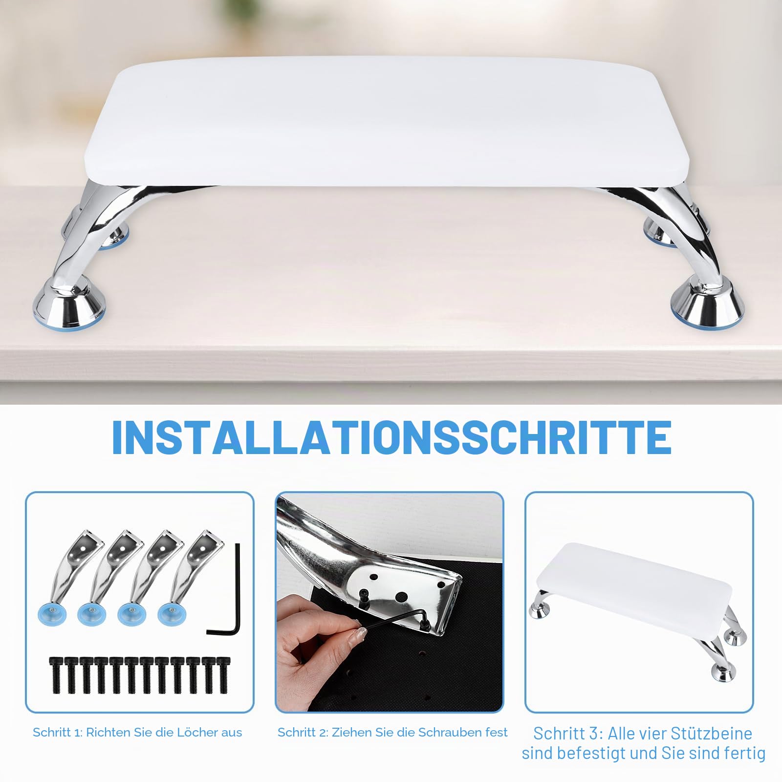 Nagel Armauflage Handkissen,Nagel Handkissen,Nagel Armlehne Kissen mit Edelstahlhalterung,PU Leather handauflage nageldesign für Maniküre Salon und Zuhause,Weiches und Wasserdichtes (Weiß)