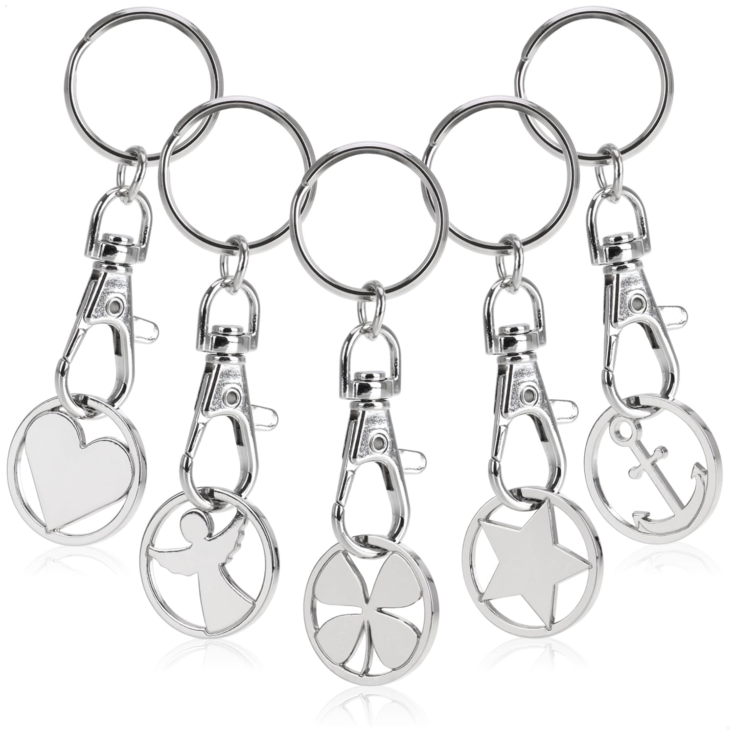 com-four® 5x Schlüsselanhänger aus Metall mit Karabinerhaken und Einkaufswagenchip, abnehmbarer Einkaufschip als Glücksbringer für den Schlüsselbund (05 Stück - Symbole)