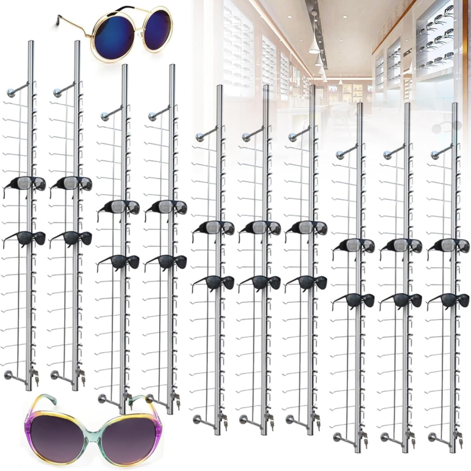 CAFIEDR Eyeglasses Display Rod, Wall-Mounted Storage Organizer With Lock For Optical Shop And Mall Display Stand.12pcs