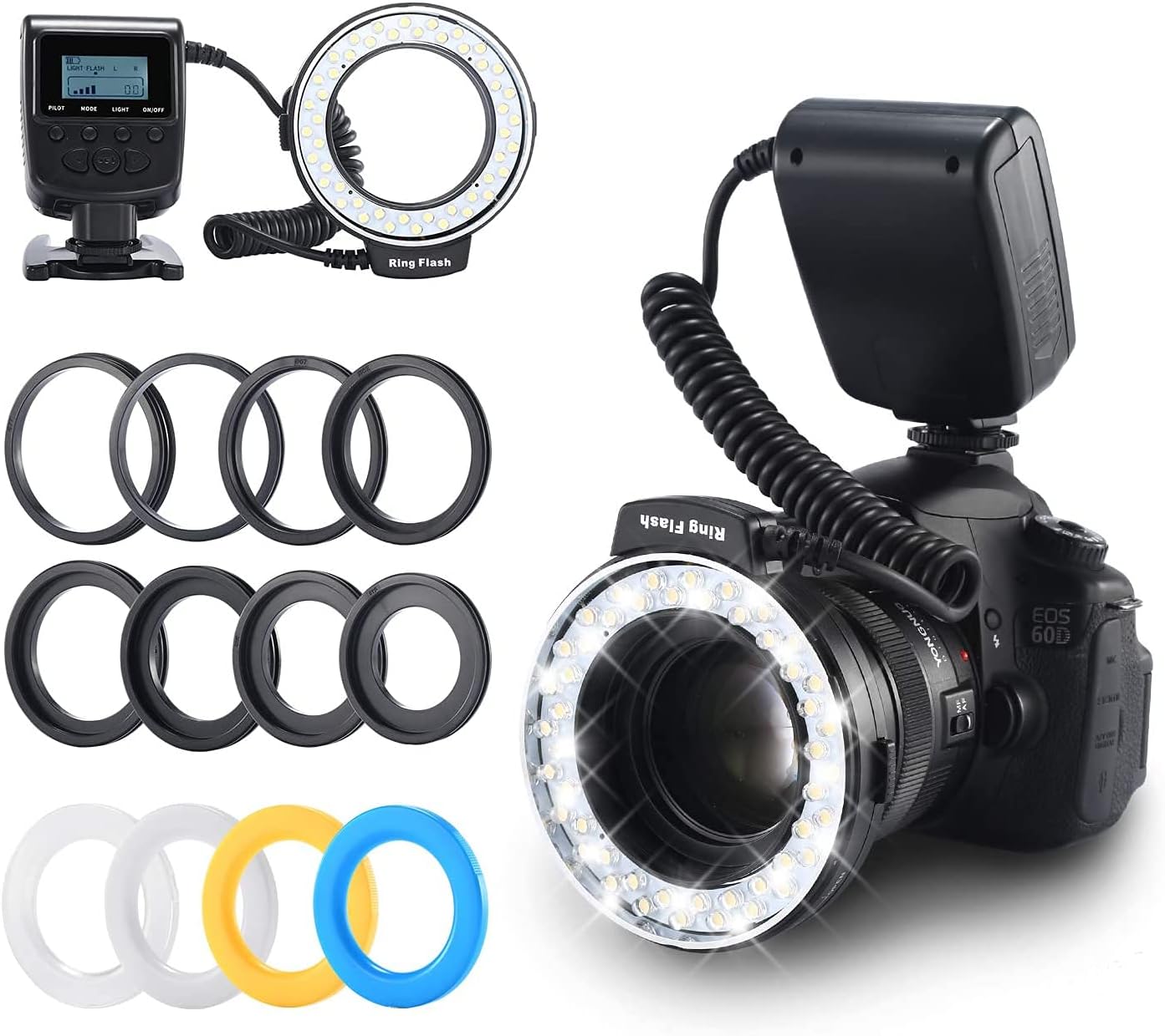 EmiralRing Flash, Emiral 48 Macro LED Flash Light with LCD Display Power Control, Adapter Rings and Flash Diffuser for Canon, Nikon DSLR Cameras