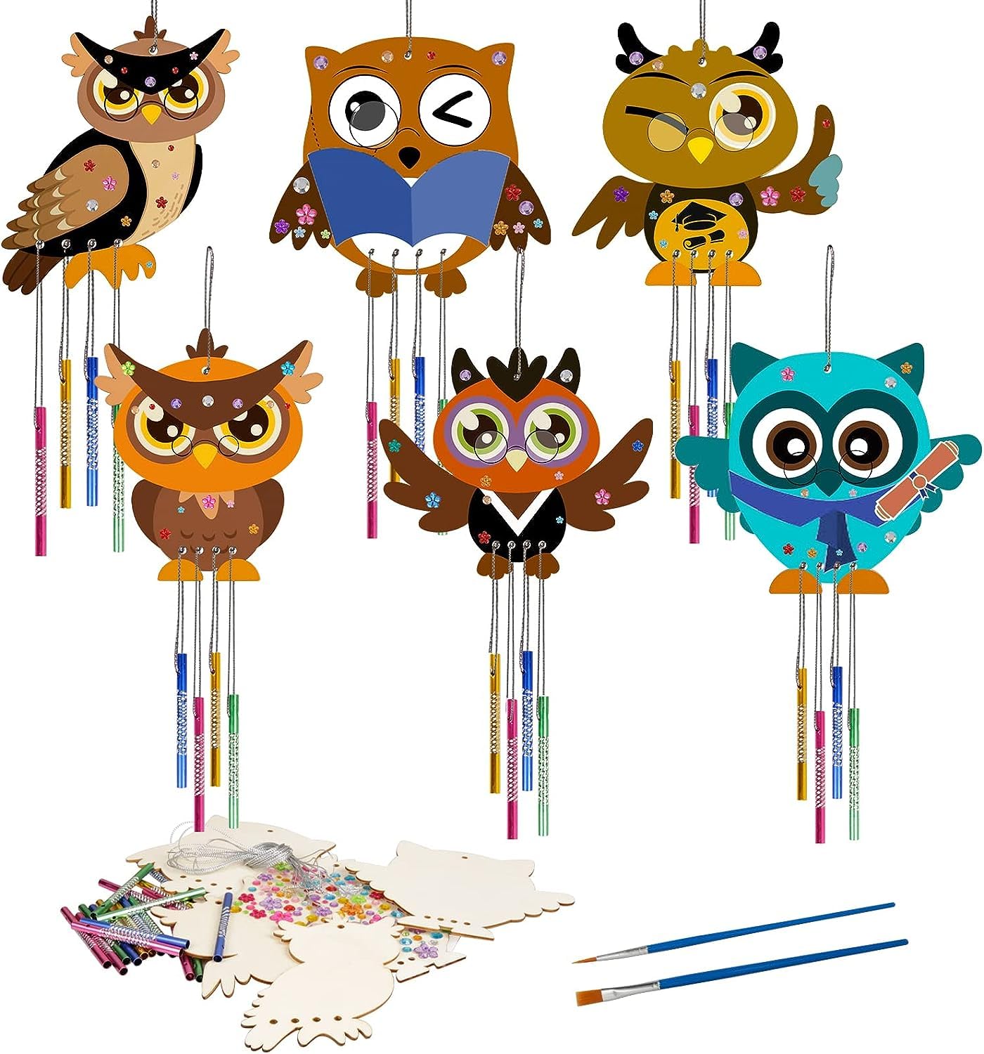 Owl Wooden Wind Chimes Kits, SYOSI 6 Sets Kids DIY Windchimes for Graduation Arts Crafts Garden Home Decoration Kids DIY Woodland Animal Windchimes Wildlife Kids to Paint and Hang