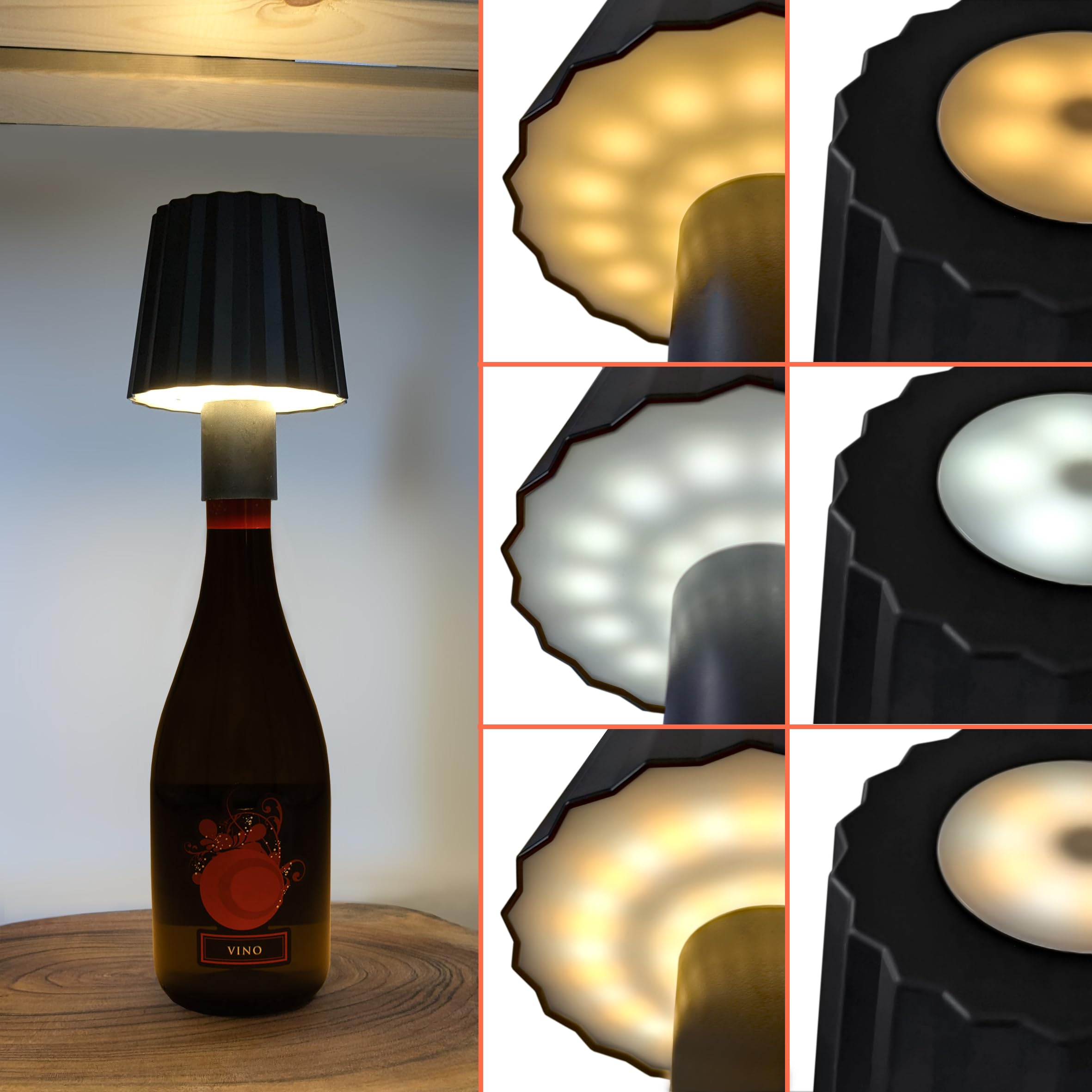 Akumulatorowa lampa dotykowa na butelkę, ryflowana, 14 x 10 cm, czarna, ciepła i zimna biel, do nakładania, dekoracyjna butelka, lampa stołowa, możliwość ściemniania, możliwość ponownego ładowania, do