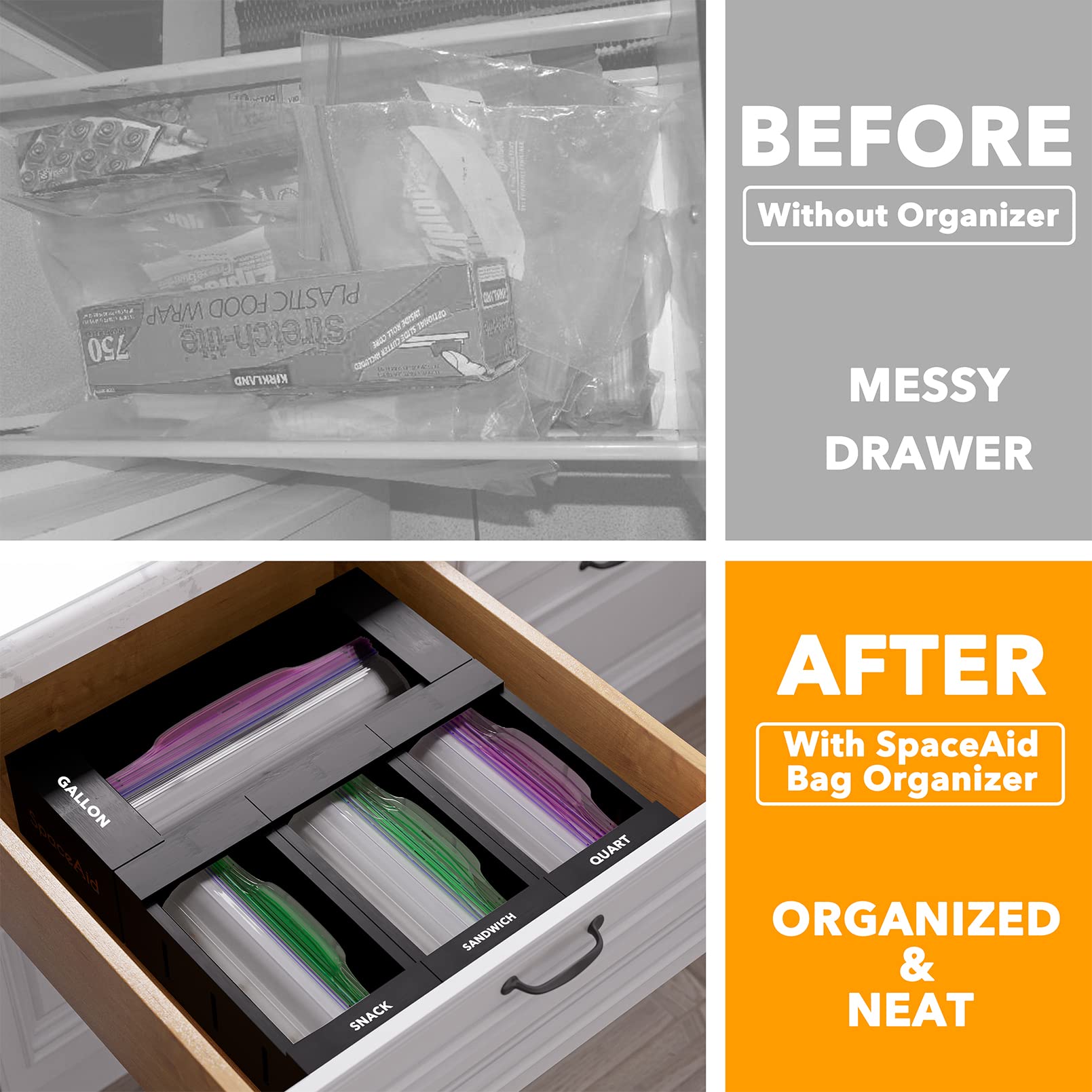 SpaceAid WrapNeat 3 in 1 Wrap Organizer with Cutter and Labels, Plastic Wrap, Aluminum Foil and Wax Bamboo Dispenser for Kitchen Storage Organization Holder for 12 Roll (Natural