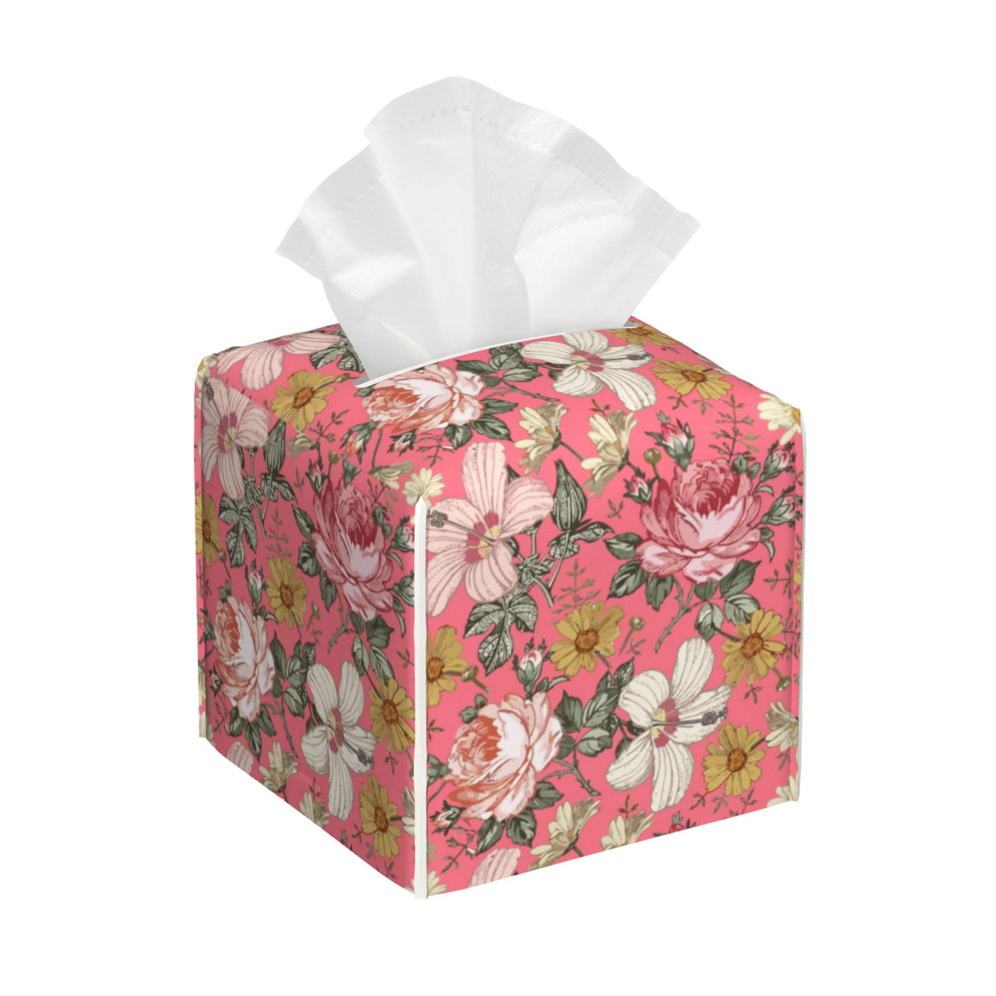 Peony and Hibiscus Square Tissue Box Cover Vintage Flowers Tissue Box Holder Facial Cube Paper Dispenser Leather Decorative Organizer Home Office Desk Decor 5.2"x5.2"x5.2"