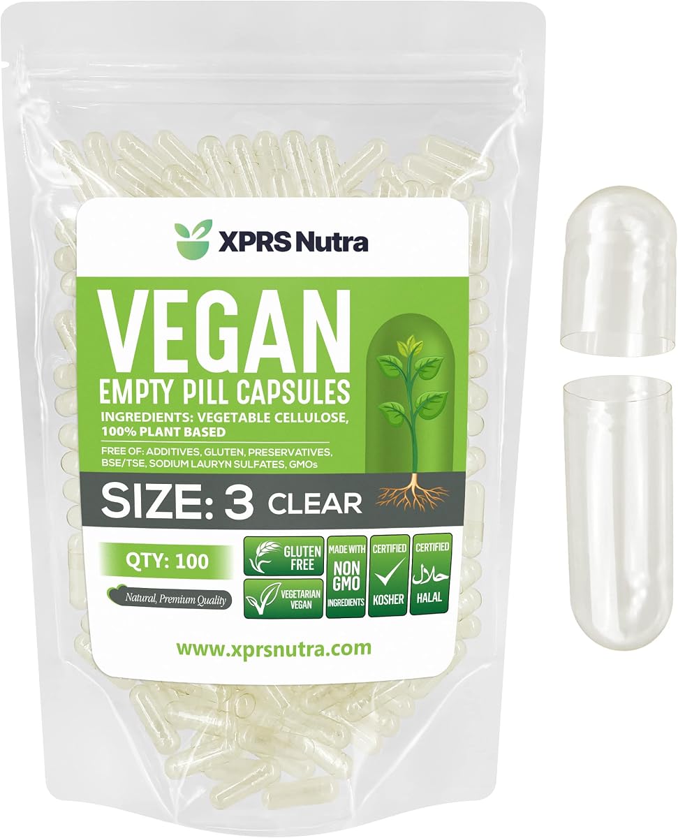 Cápsulas vacías XPRS Nutra tamaño 3 - 100 cápsulas veganas vacías transparentes - Pastillas vegetarianas - Relleno de cápsulas vegetales DIY - Tapas de pastillas vegetarianas