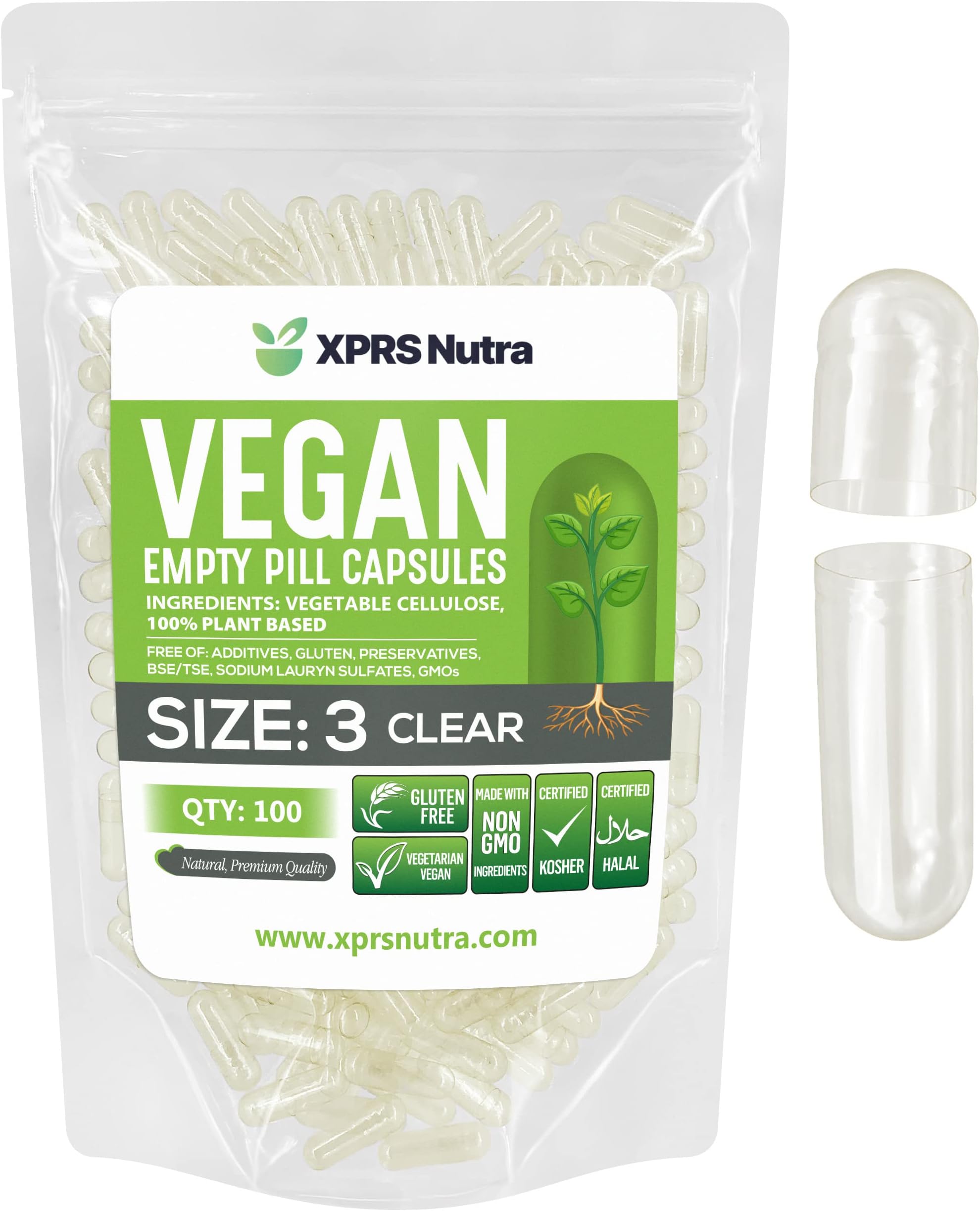 XPRS Nutra Capsules Express- Size 3 Clear Empty Vegan Capsules 100 Count - Kosher and Halal - Vegetarian/Vegetable Pill Capsule - DIY Powder Filling