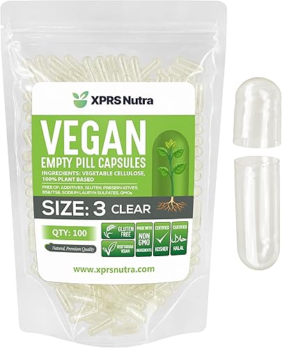 XPRS Nutra Cápsulas vacías tamaño 3 – 100 cápsulas veganas vacías transparentes – Pastillas vegetarianas – Relleno de cápsulas vegetales DIY –