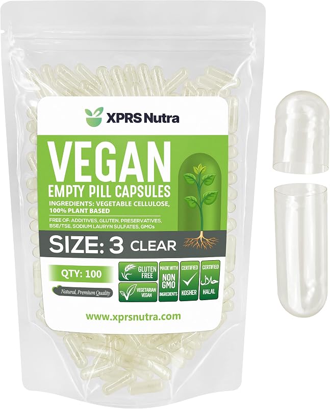Cápsulas vacías XPRS Nutra tamaño 3 - 100 cápsulas veganas vacías transparentes - Pastillas vegetarianas - Relleno de cápsulas vegetales DIY - Tapas de pastillas vegetarianas