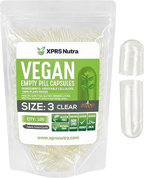 XPRS Nutra Size 3 Empty Capsules - 100 Count Clear Empty Vegan Capsules - Vegetarian Pills - DIY Vegetable Capsule Filling - Veggie Pill Caps