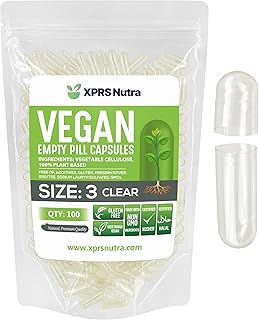 XPRS Nutra Size 3 Empty Capsules - 100 Count Clear Empty Vegan Capsules - Vegetarian Empty Pill Capsules - DIY Vegetable Capsule Filling - Veggie Pill Capsules Empty Caps