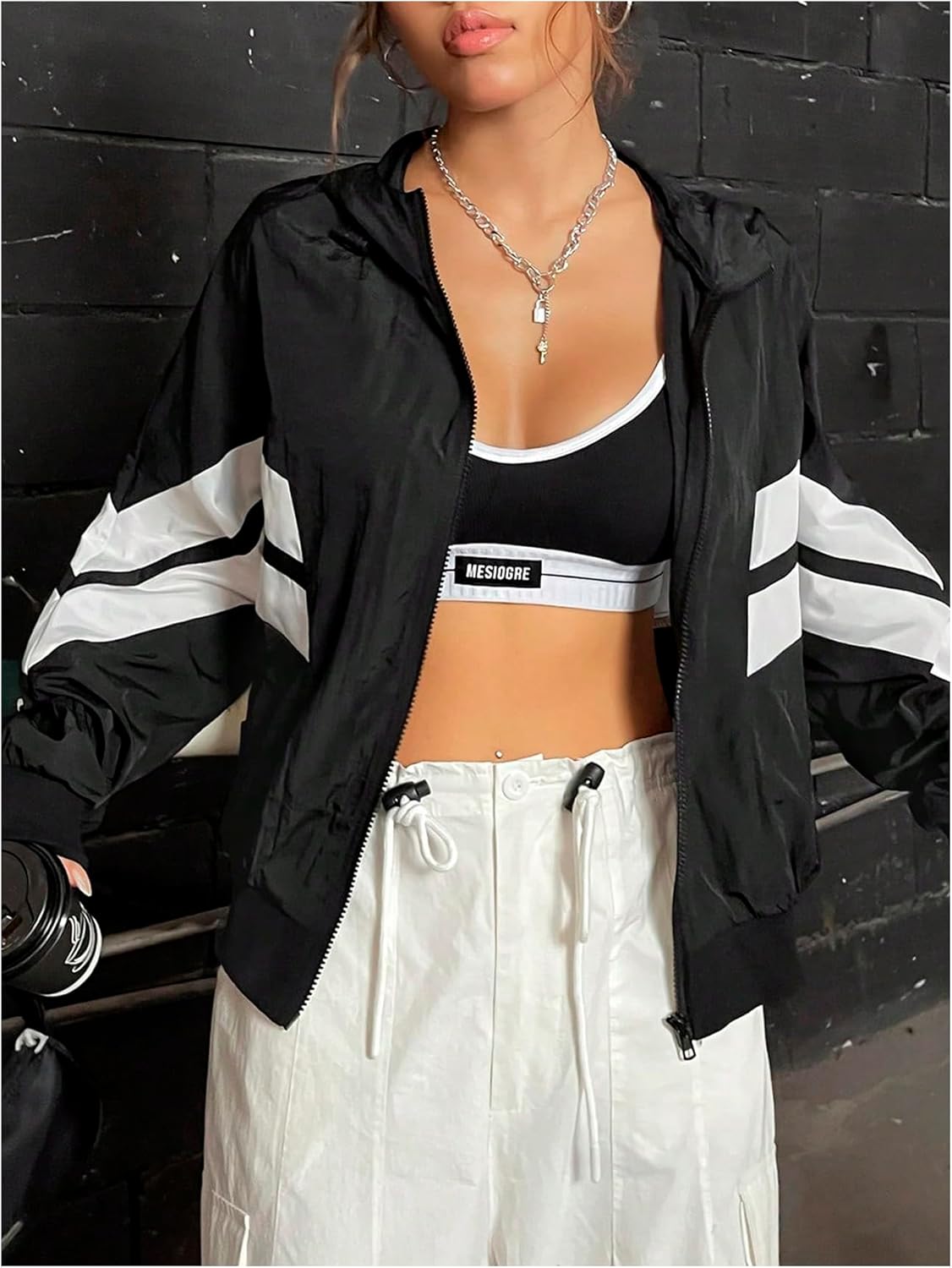 Verdusa Women's Color Block Zip Up Hooded Jacket Outerwear Loose Windbreaker Jackets - Image 4