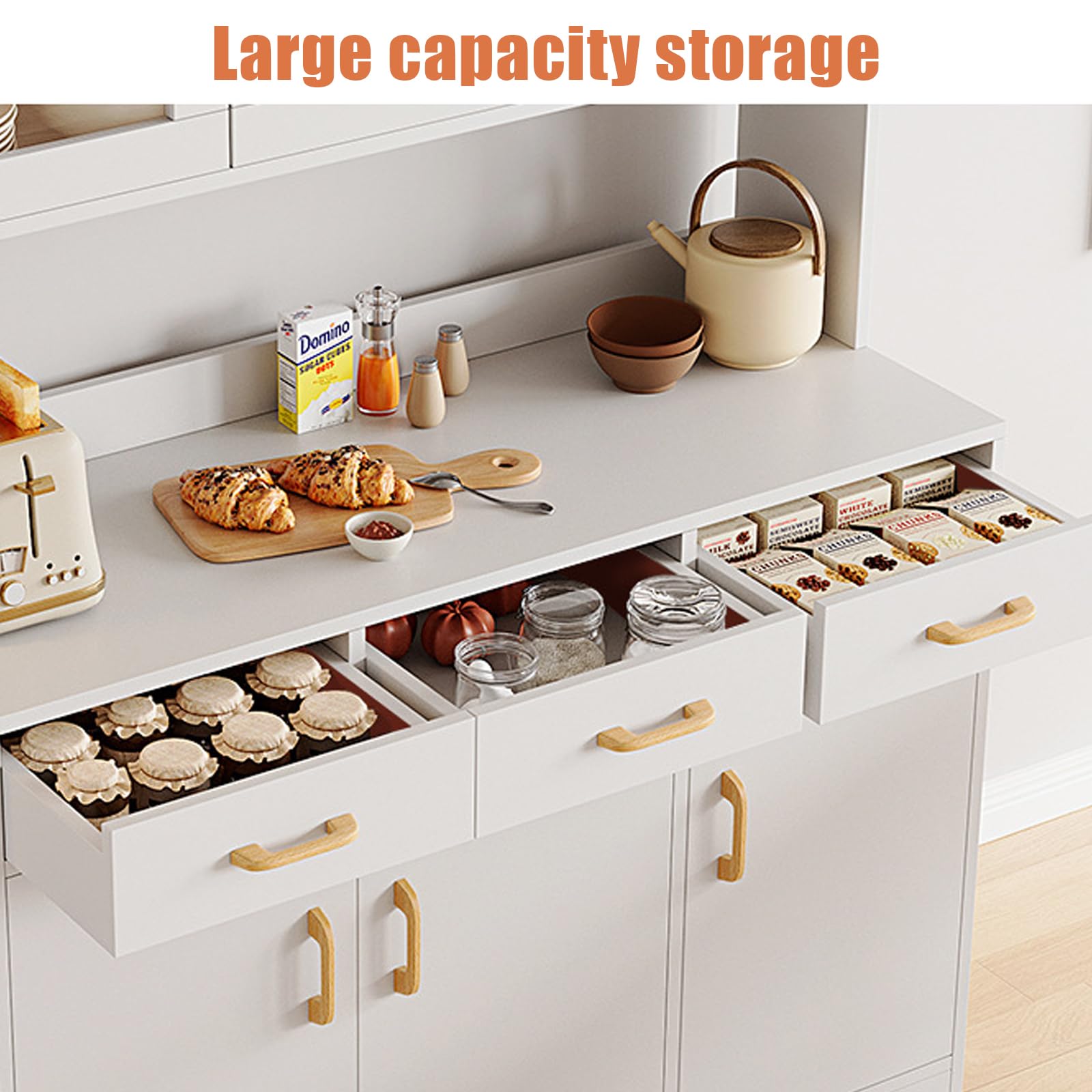 Armario de Cocina de 170 cm, Armario Alto de Madera, Aparador, Armario Multiusos con Cajones y Puerta de Cristal, Comedor, Baño, Oficina, Trastero, Blanco
