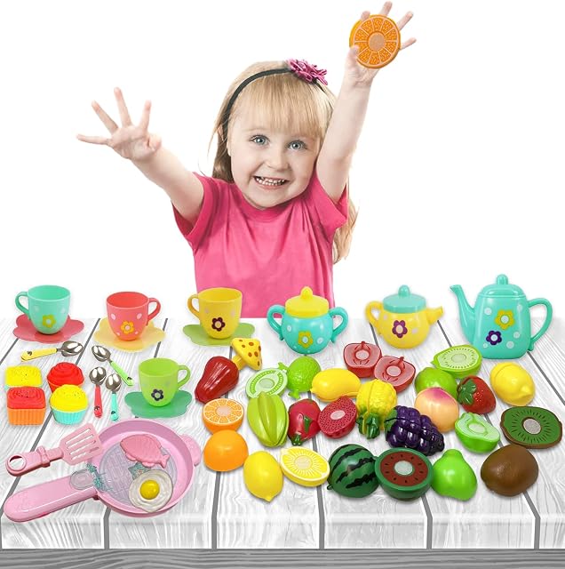 koolbitz 63 Pcs Pretend Fruit Vegetables Cutting Toys for Toddlers Kids Child-Safe Knife & Chopping Board with Frying Pan & Tea Set Pretend Food Kitchen Set Accessories Utensils for Baby