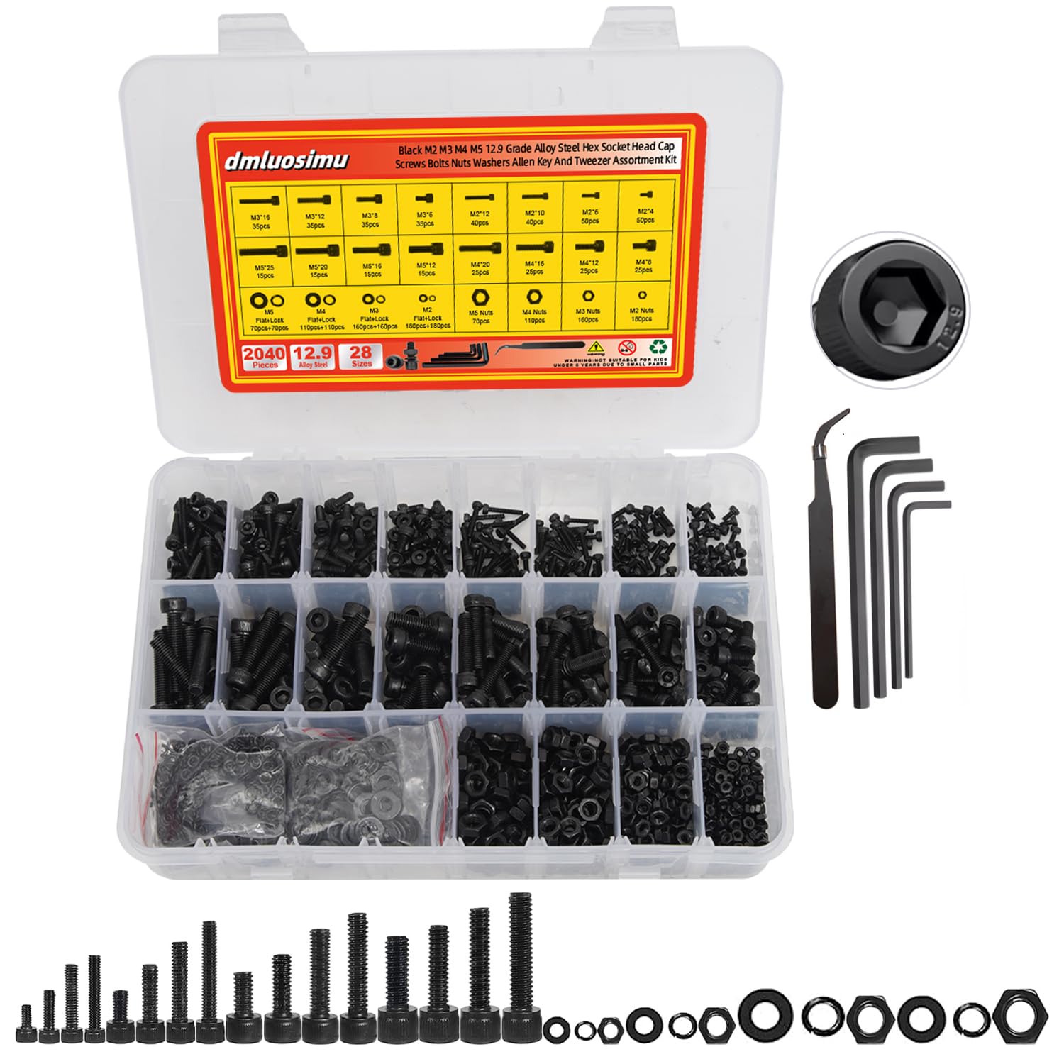 2040pcs 12.9 Alloy Steel Black Zinc Bolts and Nuts Hex Socket Screw Kit (Lock & Flat Washers)- M2,M3,M4,M5,Metric Screw Assortment, Socket Head Cap