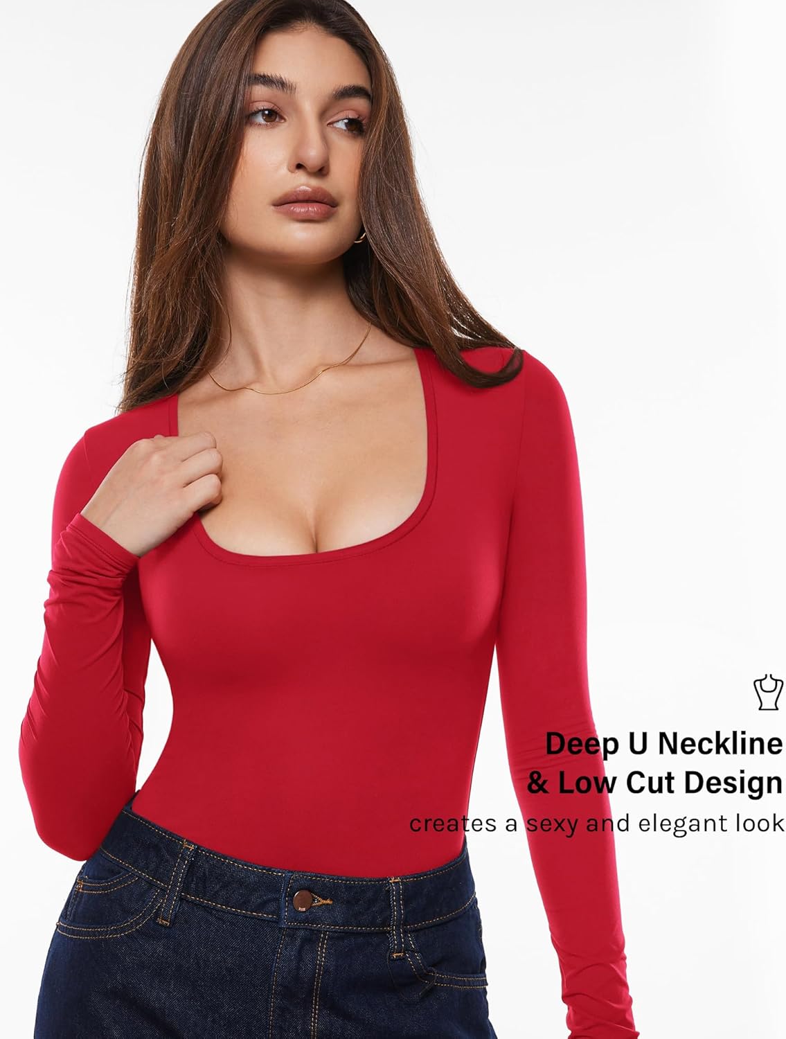 INLYRIC Women's Inbarely Soft Deep U Neck Double Lined Long Sleeve Tops Going Out Slim Fitted Trendy T-Shirts - Image 2