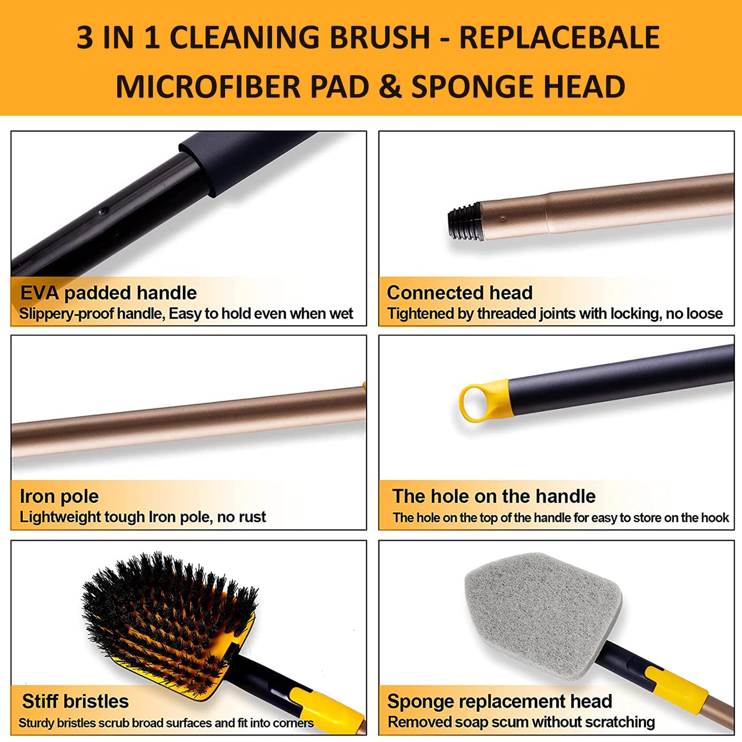 MinuteToCleanIt Bathroom Floor Cleaning Brush and Scrubber Combo 180 Degree Movement, with Extendable & Detachable Handle for Multipurpose Cleaning Like Toilet Kitchen Bathroom, Yellow 1