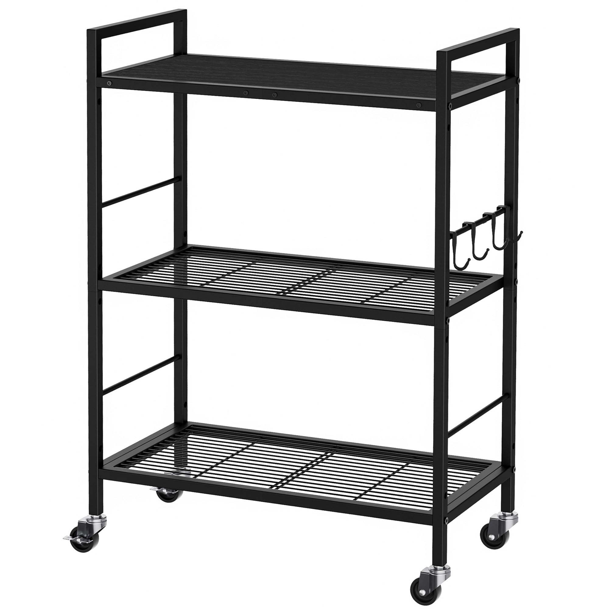 3-Tier Metal Storage Rack & Trolley with Wooden Top, 60x30cm, Adjustable Shelves & Lockable Swivel Castors, 4 Integrated Hooks, Black Frame + Black Wood | for Kitchen, Utility Room, Pantry, Laundry