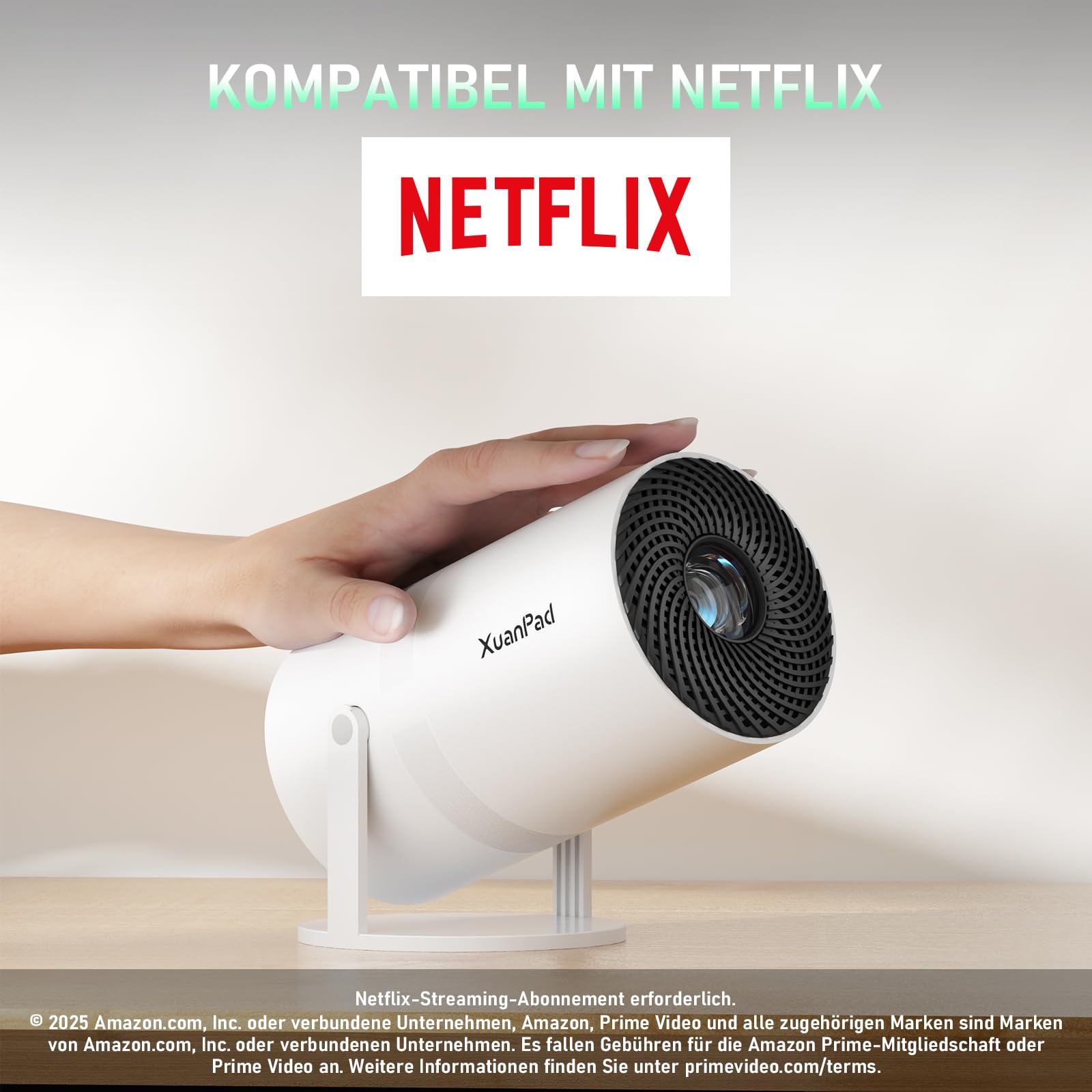 [Netflix-zertifizierter & Elektrischer Focus] Mini Beamer 4K Unterstützung mit WiFi & Bluetooth Projektor mit 210° drehbarer Stand, Automatische Trapezkorrektur, Staubfilter & Wärmeableitungssystem