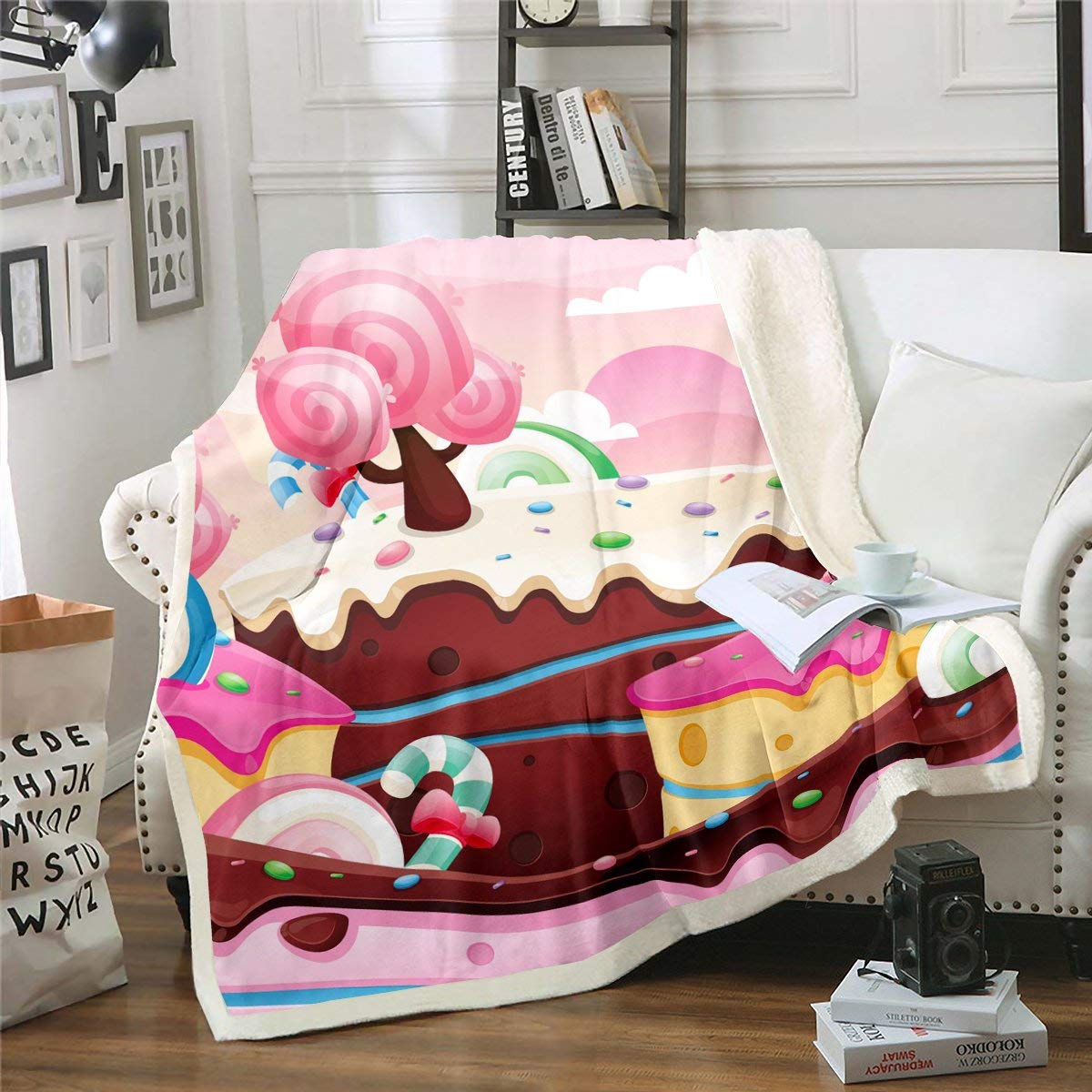 Coperta in pile con ciambelle di cioccolato,dessert, sherpa, traspirante, calda e sfocata, colore: rosa