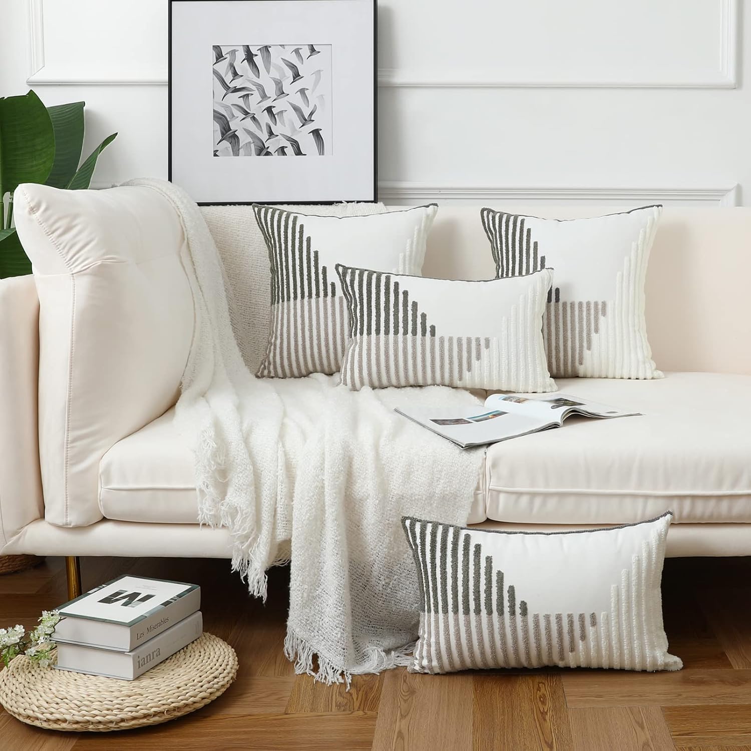 Modern Striped Embroidered Throw Pillow Covers 20x20 Set of 2 Textured Neutral Patterned Cotton Boho Pillow Covers Spring Decorative for Couch Bed Living Room Outdoor Grey & Cream White