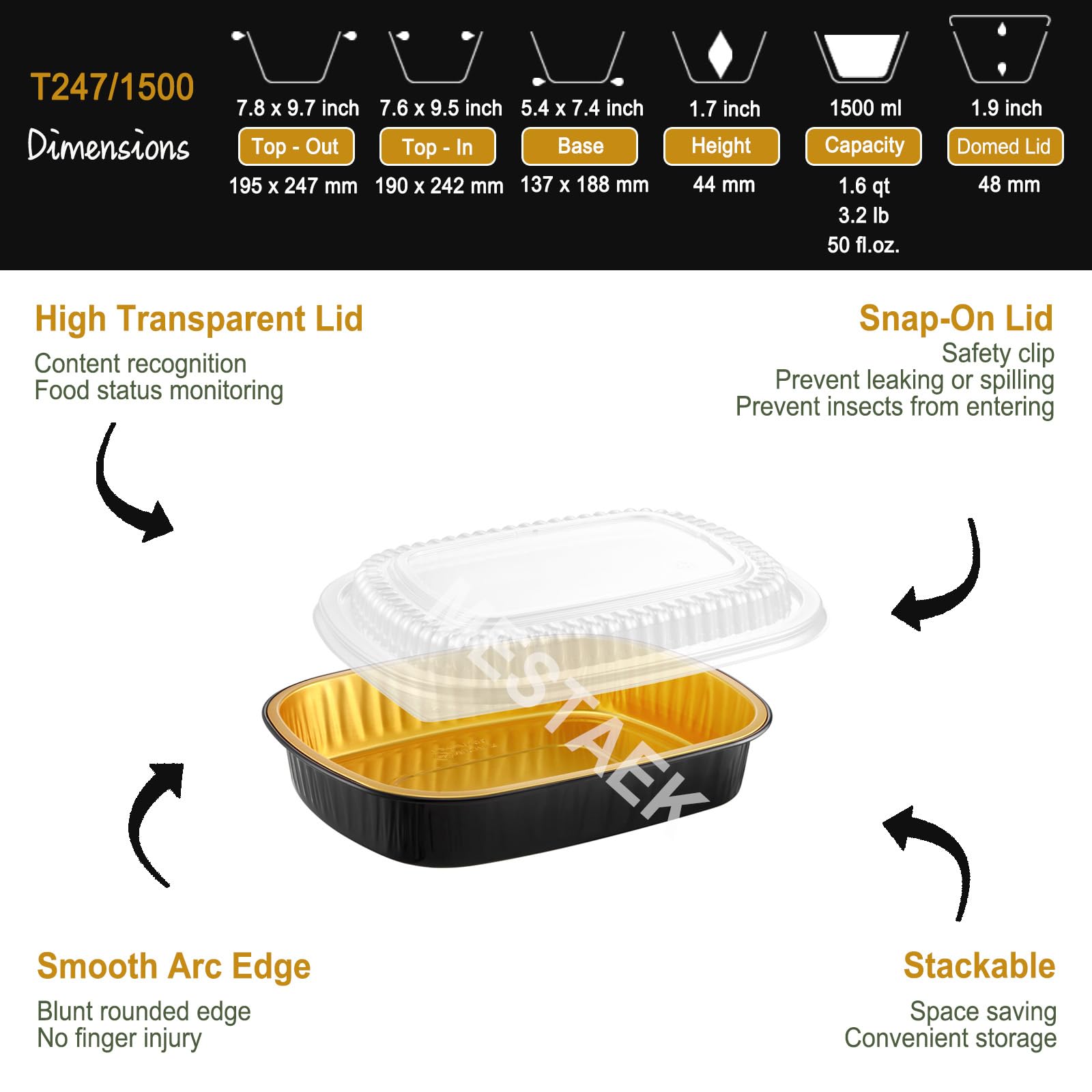 Sartenes ovaladas de aluminio con tapas a presión (paquete de 5) | 2 recipientes reutilizables más gruesos y resistentes de 50 onzas para llevar (negro)
