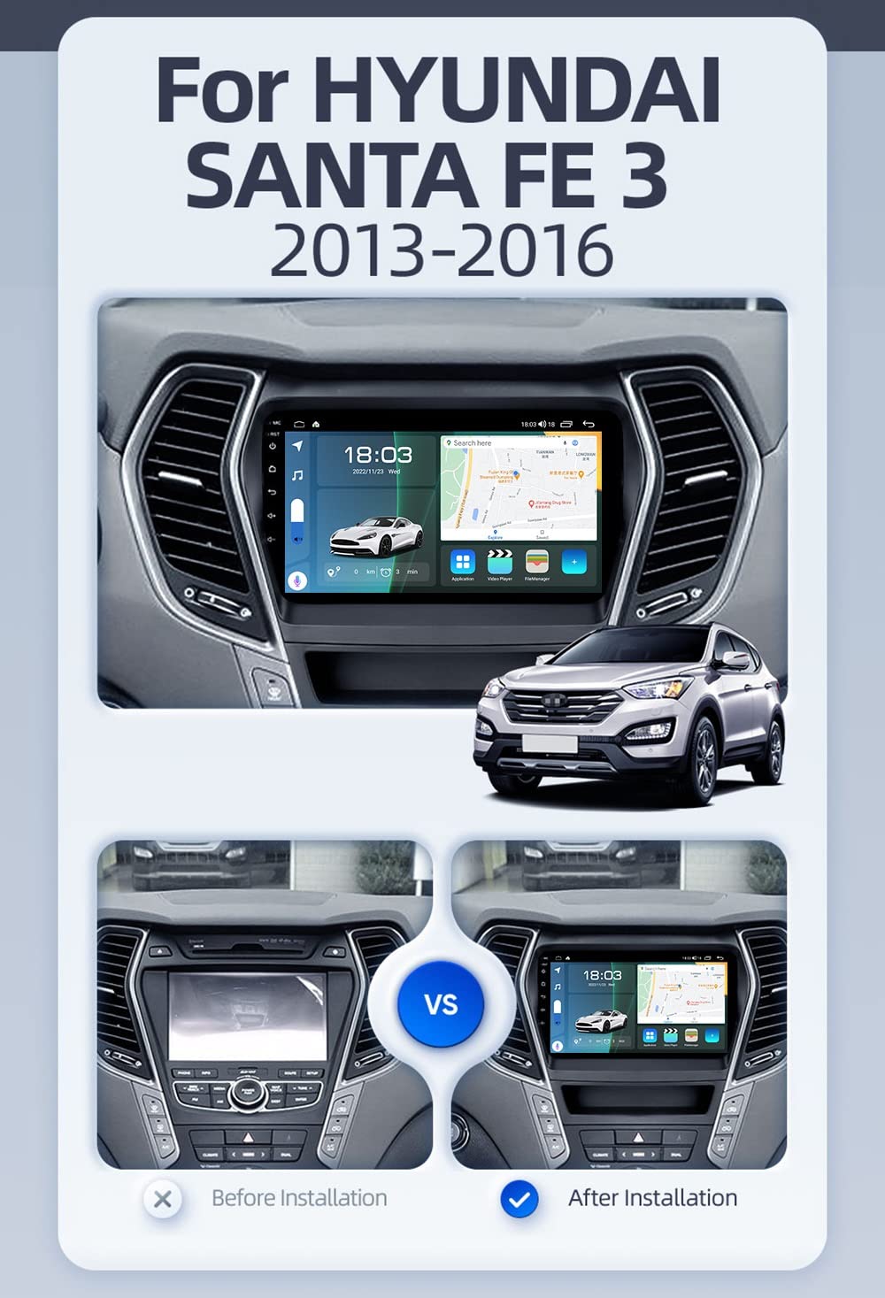 Autoradio Android 11 Per Hyundai Santa Fe 2013-2016 - 9 Pollici Touchscreen Con CarPlay Wireless E Android Auto