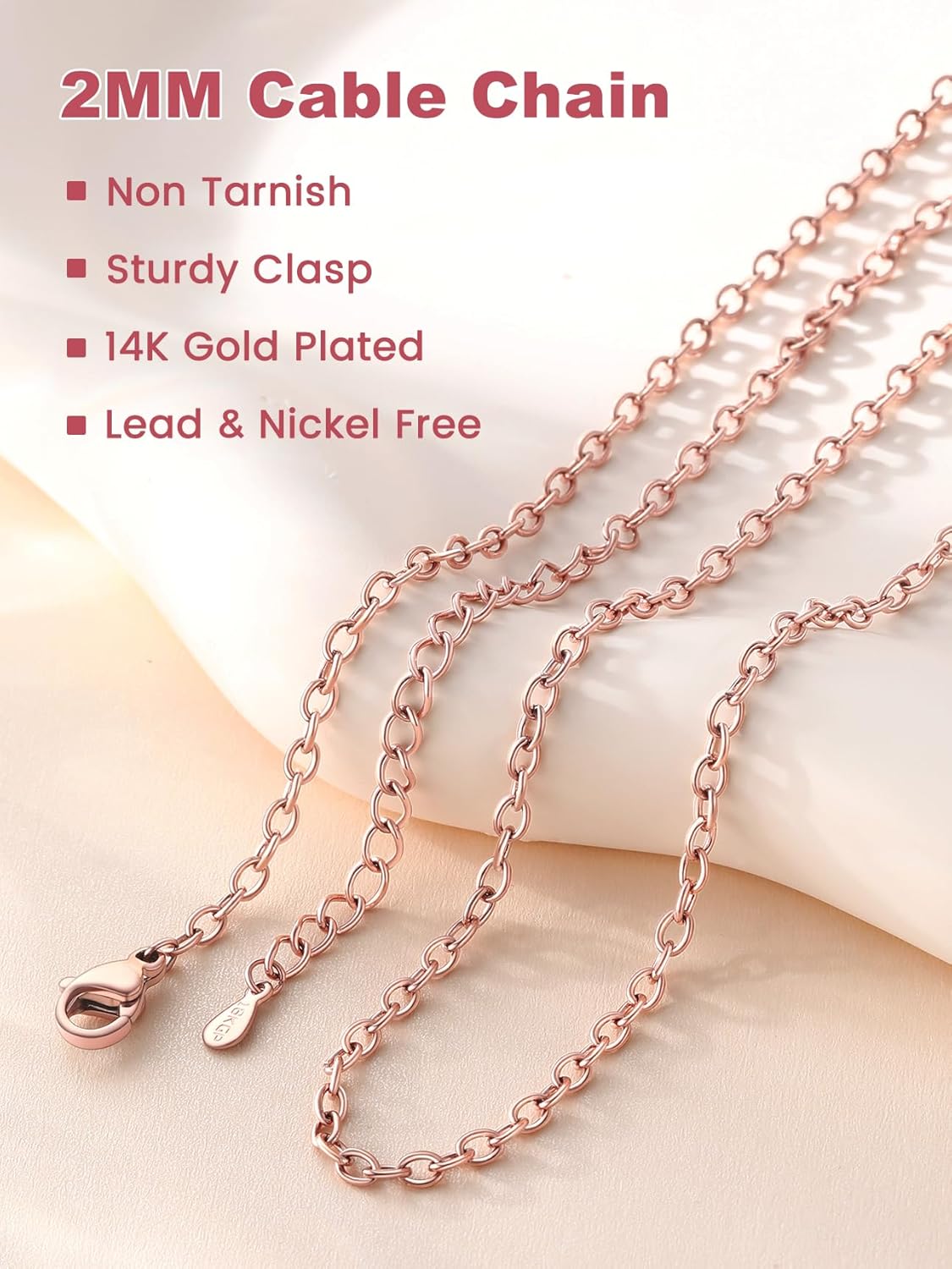 FOCALOOK Womens Chain Necklaces 2MM Cable Necklace, 316L Stainless Steel Silver/Black/14K Gold/Rose Gold Plated, Hypoallergenic Chains for Pendant,14-30" - Image 2