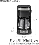 Hamilton Beach FrontFill Mini Brew 5 Cup Coffee Maker, Compact Drip Coffee Maker with Glass Carafe, Auto Pause & Pour, Illuminated On/Off Switch, Black (46112)
