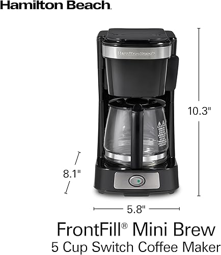 Miniatura 8 de Hamilton Beach Cafetera de goteo de 5 tazas con cesta frontal fácil, diseño compacto, funciona con enchufes inteligentes, jarra de vidrio, pausa y