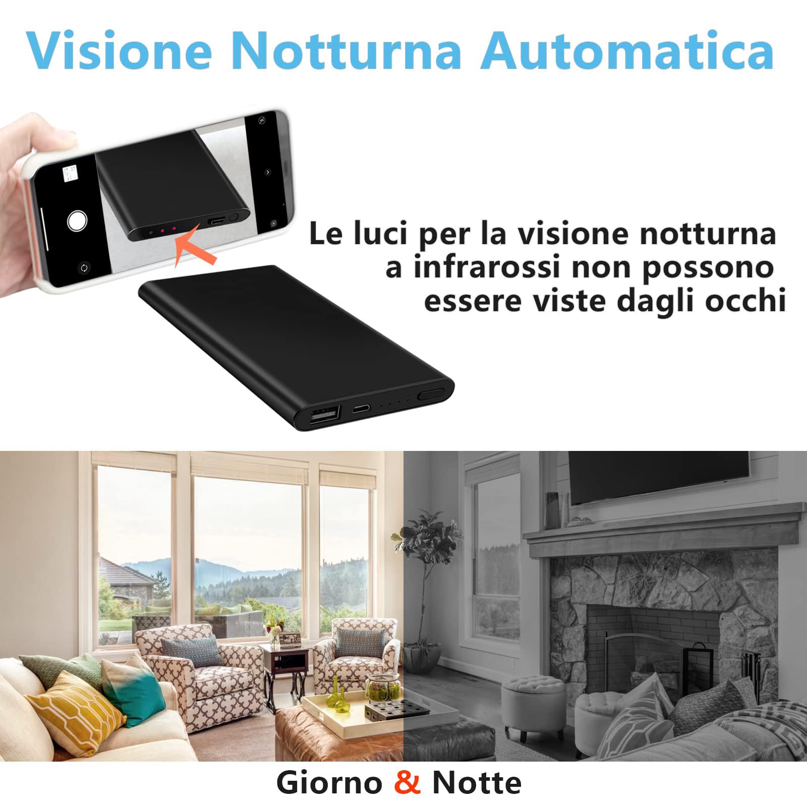 TANGMI Telecamera Nascosta Power Bank 1080P HD con Sensore Gravità | IR Notturna, Power Bank 2-in-1 con Registrazione Loop, 18h Autonomia, microSD 128GB, per Ufficio Casa Ingresso