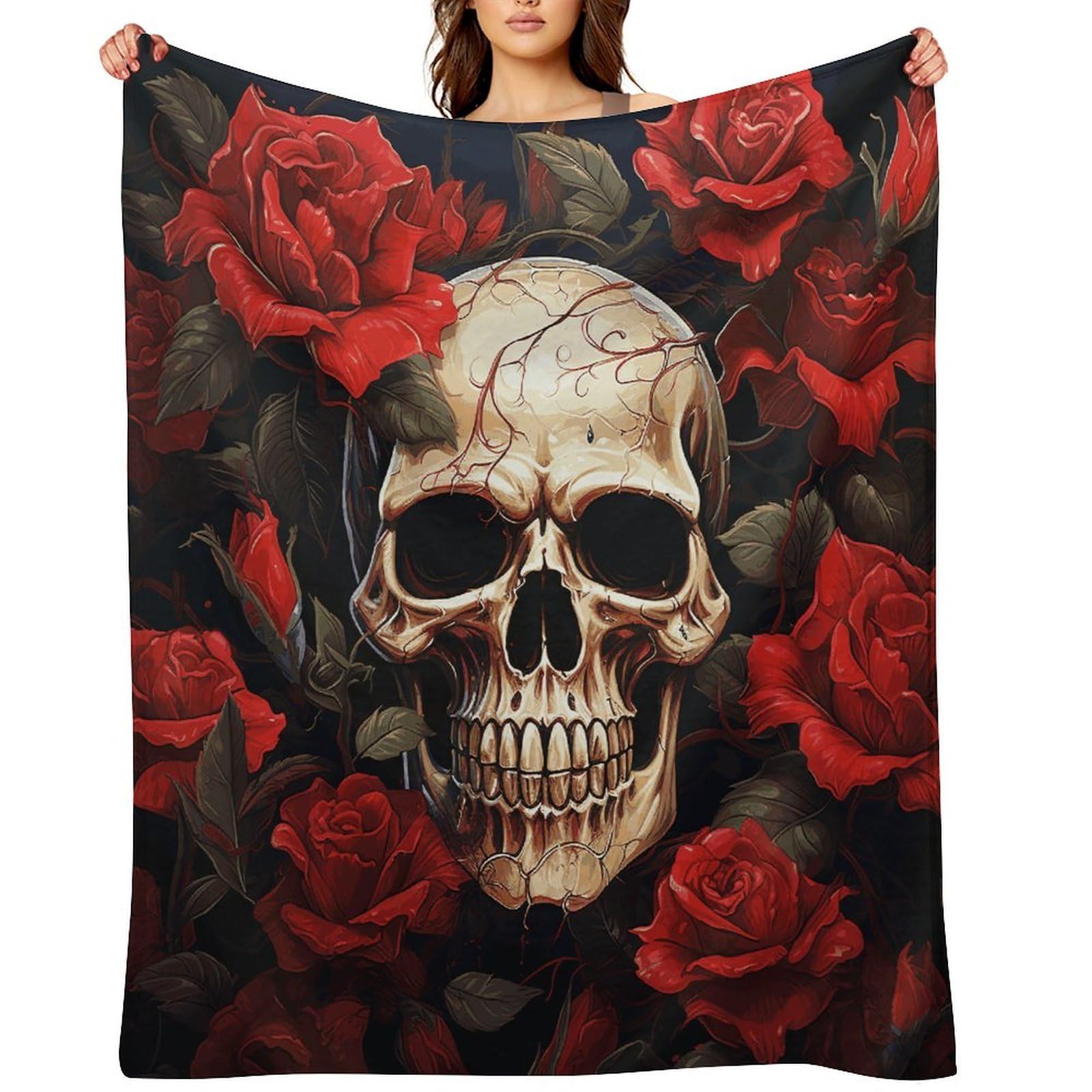 Skull Rose-Red Blankets Exquisite Luxury Flannel Throw Blanket Anti-Fading Thick Blanket for Sofa&Bed Blankets Ultra-Soft Bath Towels for Adult 50"x60"