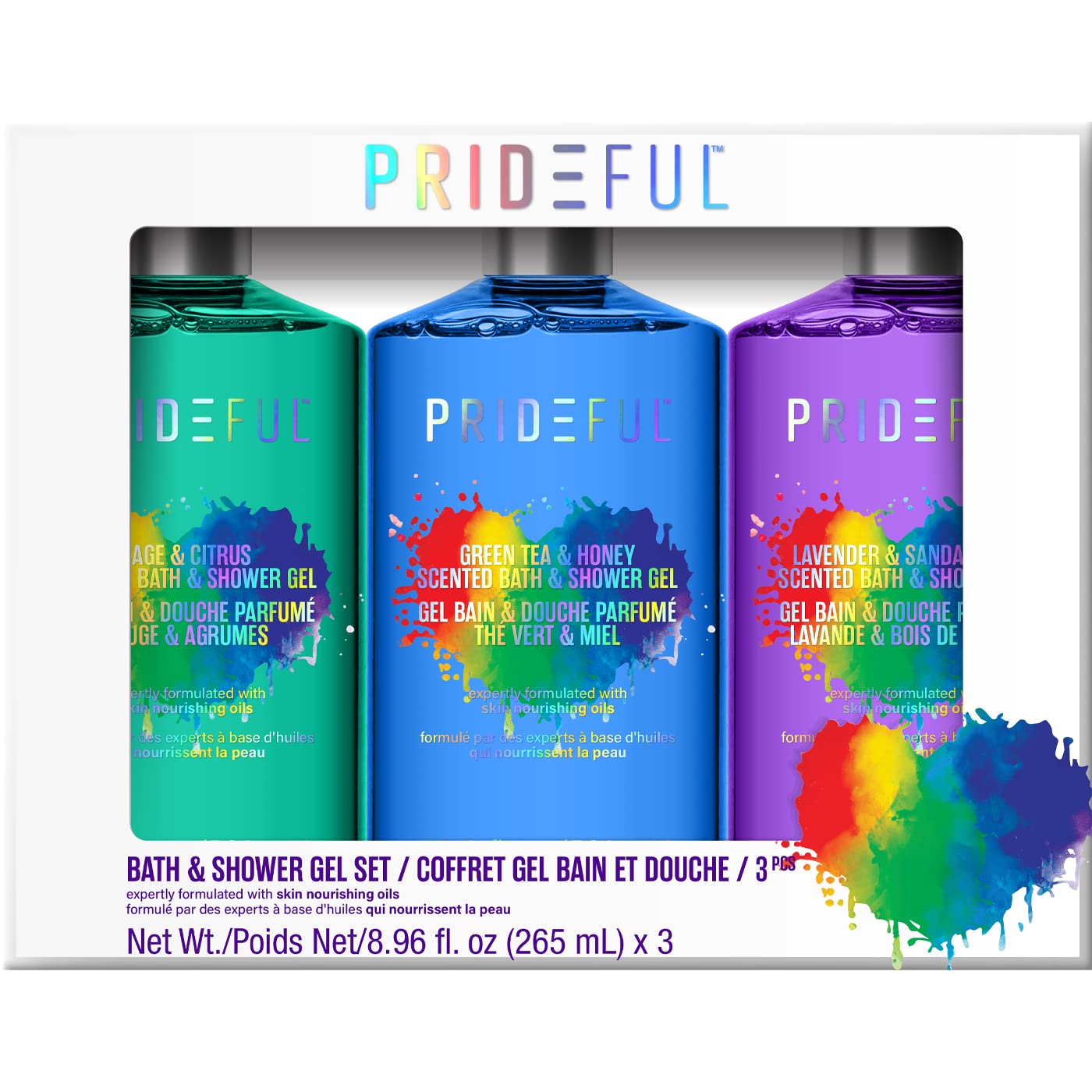 Prideful 3pc Scented Bath & Shower Gel Set (265ml) X 3 (Sage & Citrus, Green Tea & Honey, Lavender & Sandalwood)