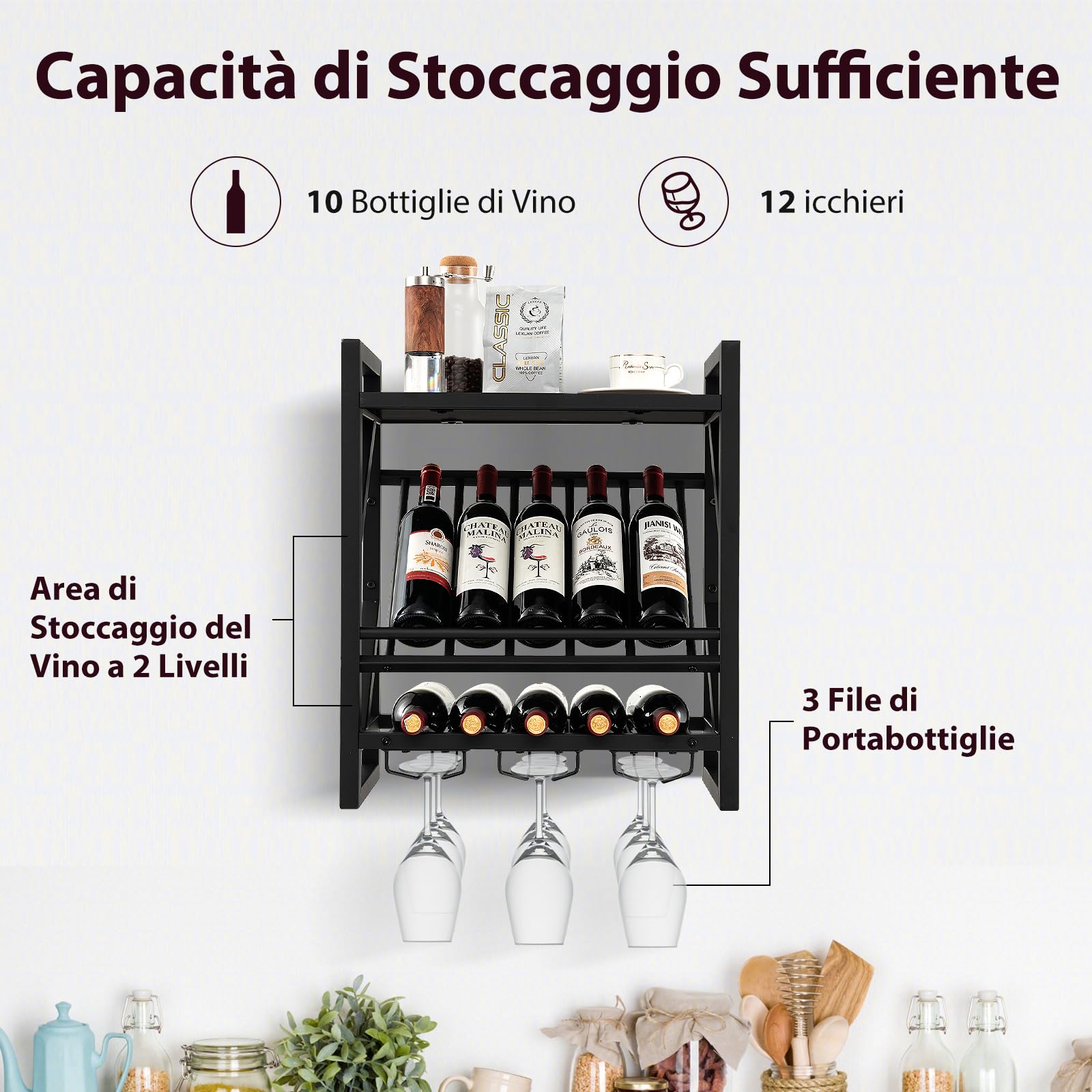 COSTWAY Portabottiglie da Parete, Scaffale Espositivo per Vino Industriale con Portabottiglie a 2 Livelli per 10 Bottiglie, Portabottiglie da Parete Salvaspazio per Cucina, Soggiorno, Sala da Pranzo