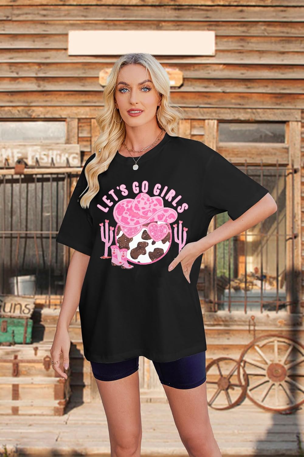 Oversized Western Cowgirl Shirts for Women Let's Go Girls Shirt Country Music Tee Hat Boots Short Sleeve Tops - Image 5