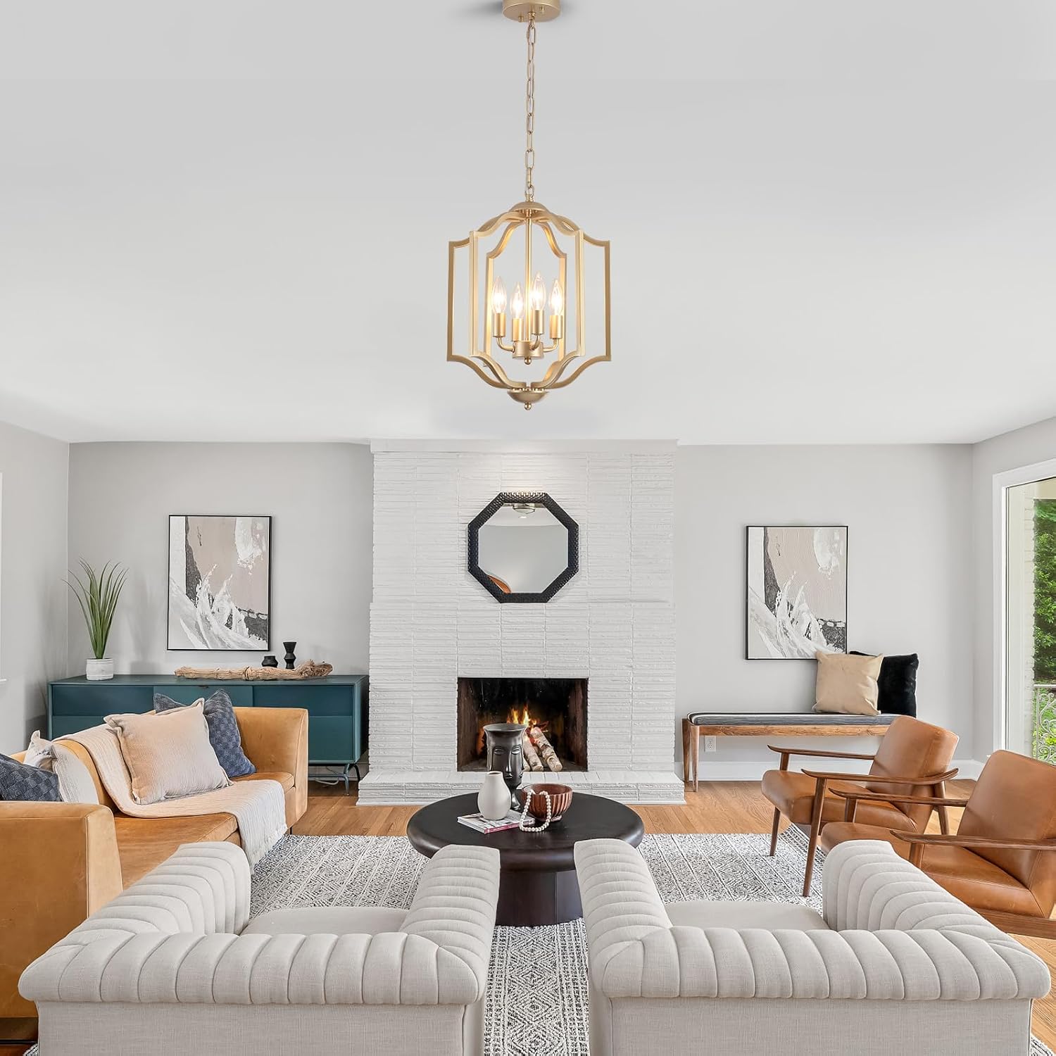 Gold Chandelier Light Fixture, 4-Light Farmhouse Chandelier Dining Room Light Fixtures Rustic Hanging Small Entryway Pendant Light for Kitchen Island Foyer Living Room