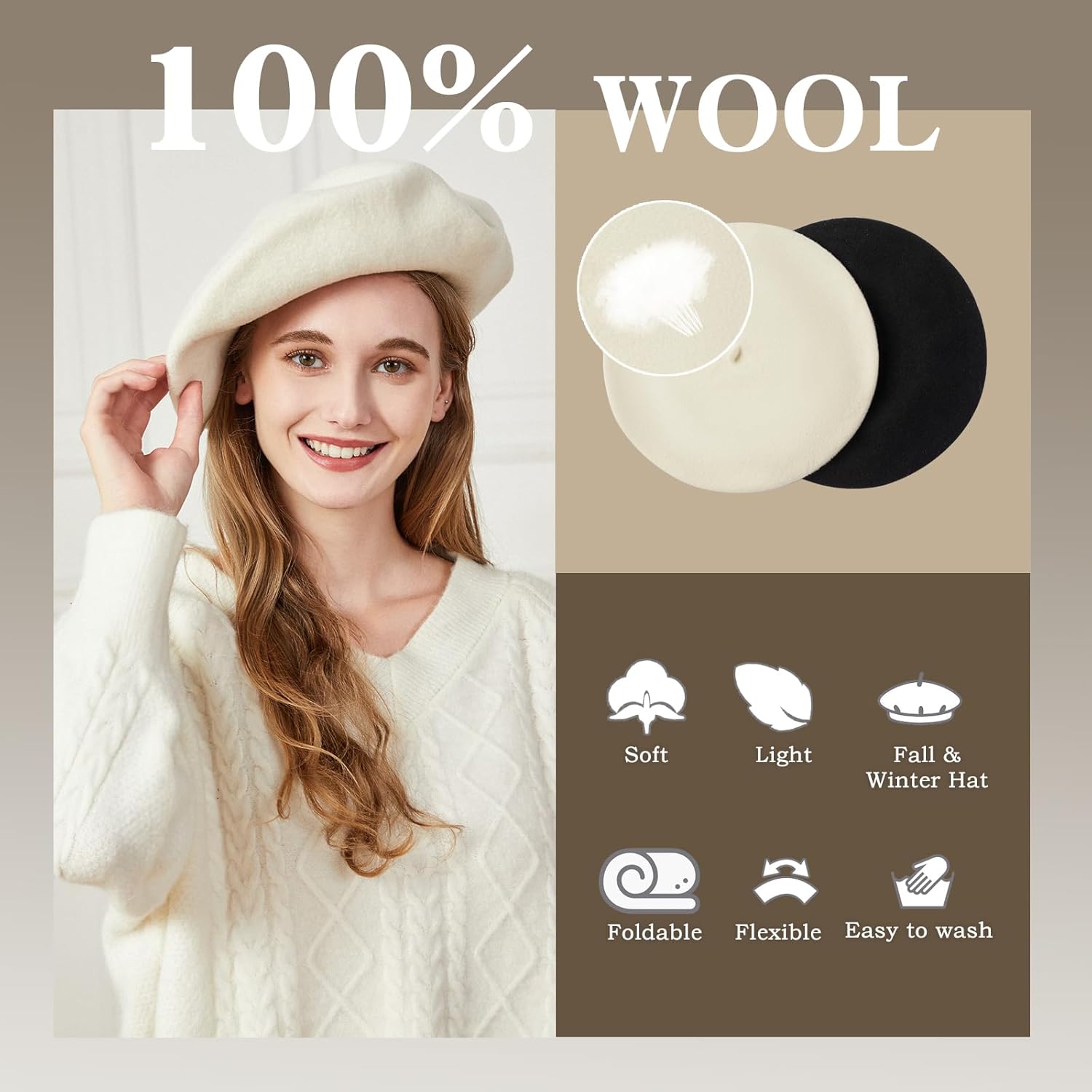 XXL 100% Wool French White Beret Hats for Women Man Painter hat Classic Painter's Hat Girl Solid Color Classic - Image 3