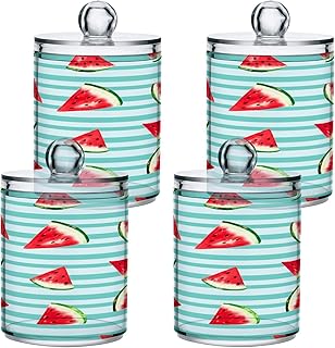 Kigai Watercolor Watermelon Slices Qtip Dispenser Apothecary Jars Bathroom, 4 Pack of 14 oz - Qtip Holder Storage Canister Clear Plastic Jar for Cotton Ball, Cotton Swab, Floss