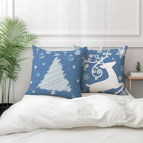 Miniatura 4 de Juego de 2 fundas de almohada de ciervos de invierno de 18 x 18 pulgadas, diseño de reno azul, diseño de copos de nieve, de doble cara, decoración