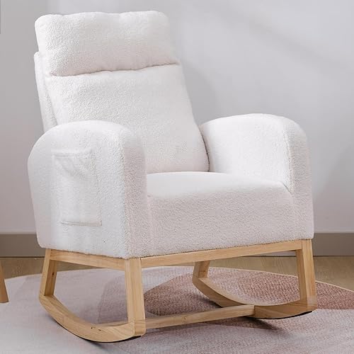 Miniatura 12 de Mecedora para guardería con patas de madera maciza, silla deslizante para guardería con dos bolsillos laterales, sillón mecedor para sala de estar y