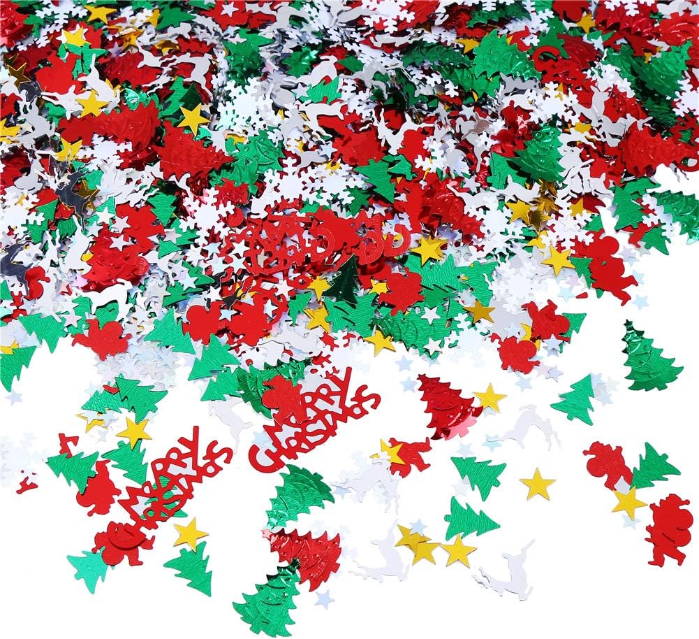 100g/4800Pcs Christmas Confetti Mix Foil Snowflake,Pentagram,Santa Claus,Pine, Merry Christmas Alphabet,Elk,Christmas Tree Confetti Bright for Christmas Party Decoration Set