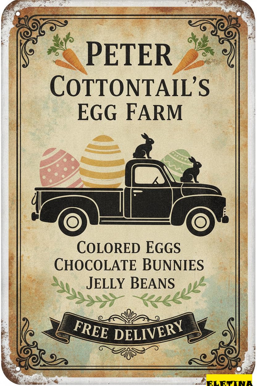Peter Cottontail Egg Farm Easter Tin Sign, 8x12 Inch