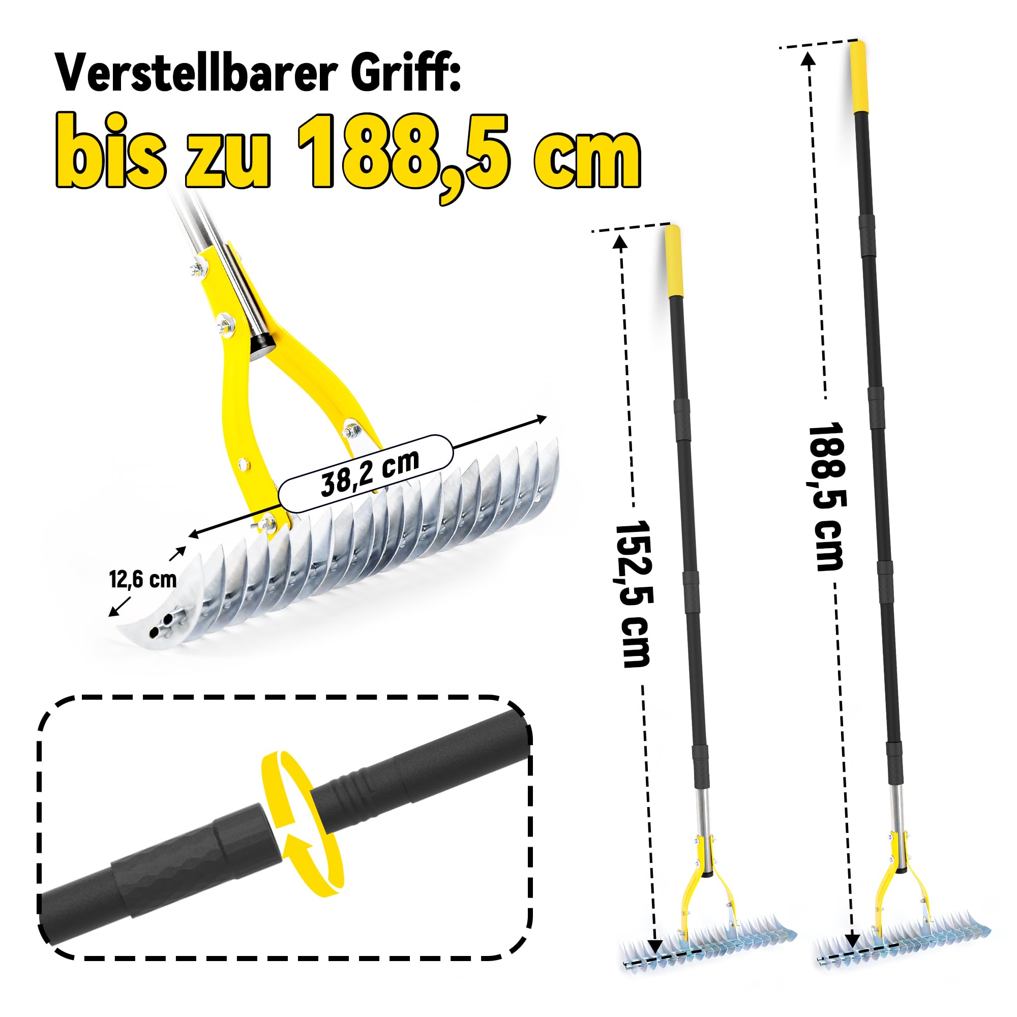 Gartenrechen Vertikutier-Rechen für den Rasen, 38 cm Verstellbarer Rechenkopf, Dethatcher zum Entfernen von Rasenfilz, Moos & abgestorbenem Gras mit 1,9M Griff, Stahl-Rechen für Hof