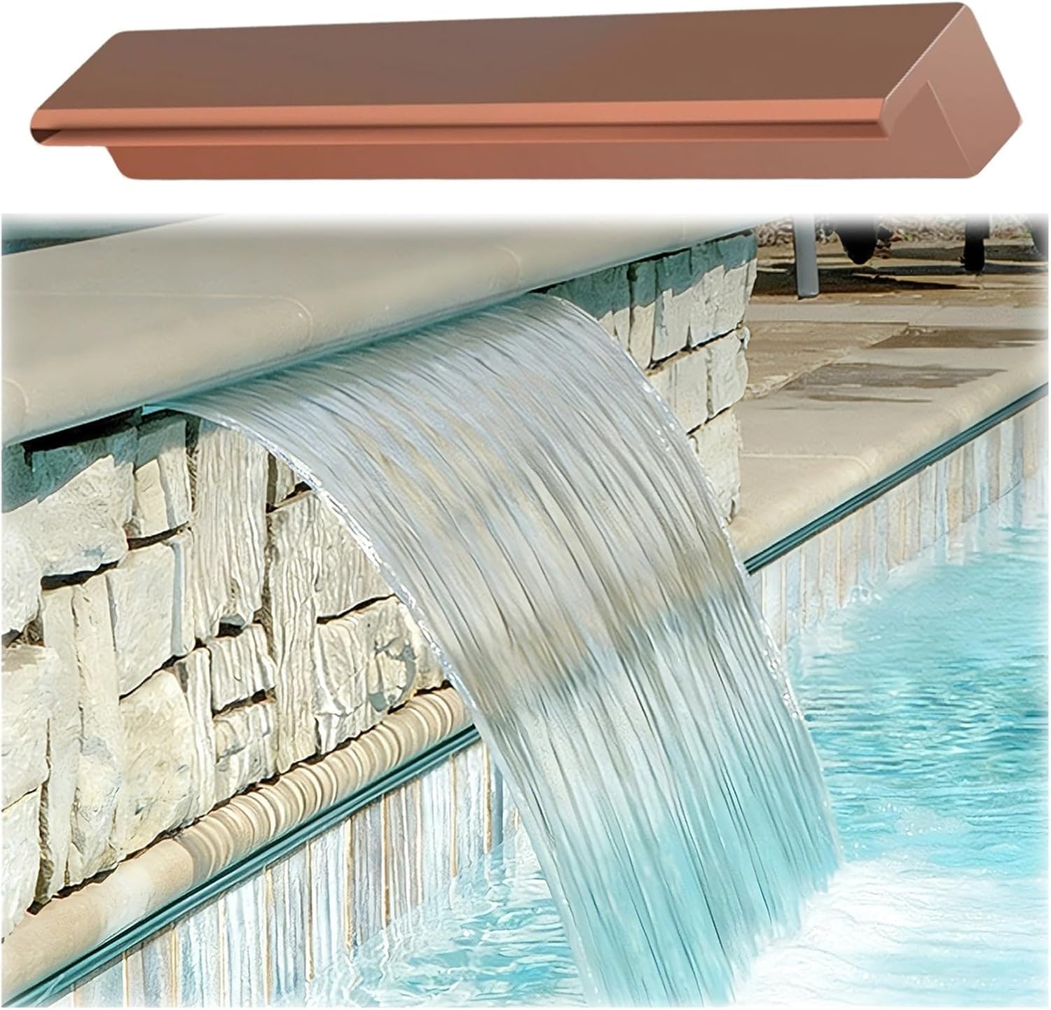 Cascata a sfioro in Acciaio Inox per Piscine e laghetti, Fontana a Incasso con troppopieno e stabilizzatore di Flusso. (42in(107cm))