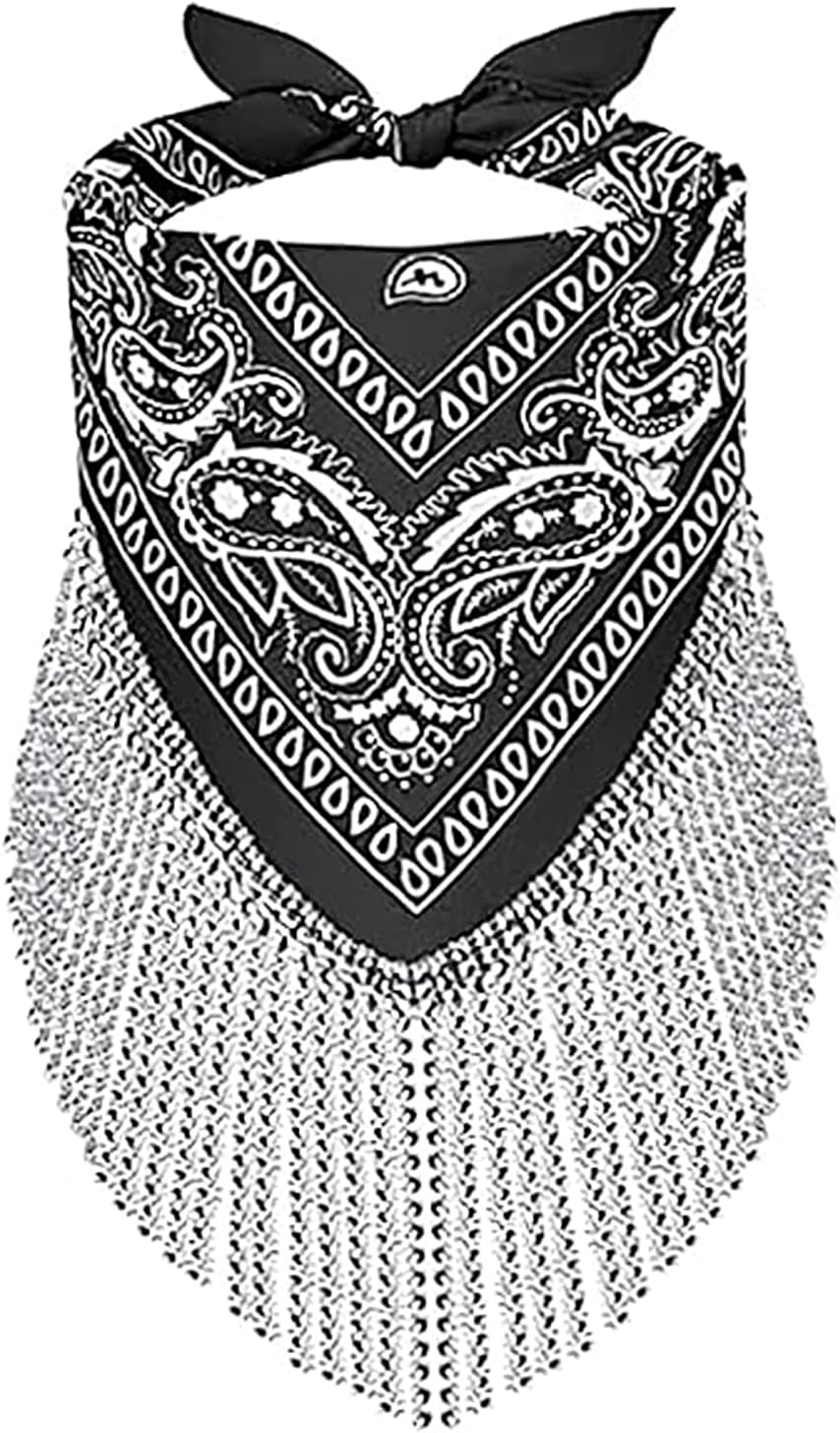 BXT Women Disco Fringed Bandana Rhinestone Paisley Tassel Scarf Head Wrap Western Party Cowgirl Bachelorette Kerchief